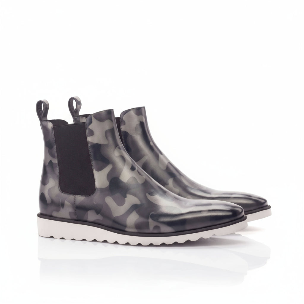 Camo Chelsea patina boots with white soles, Commando 2 model