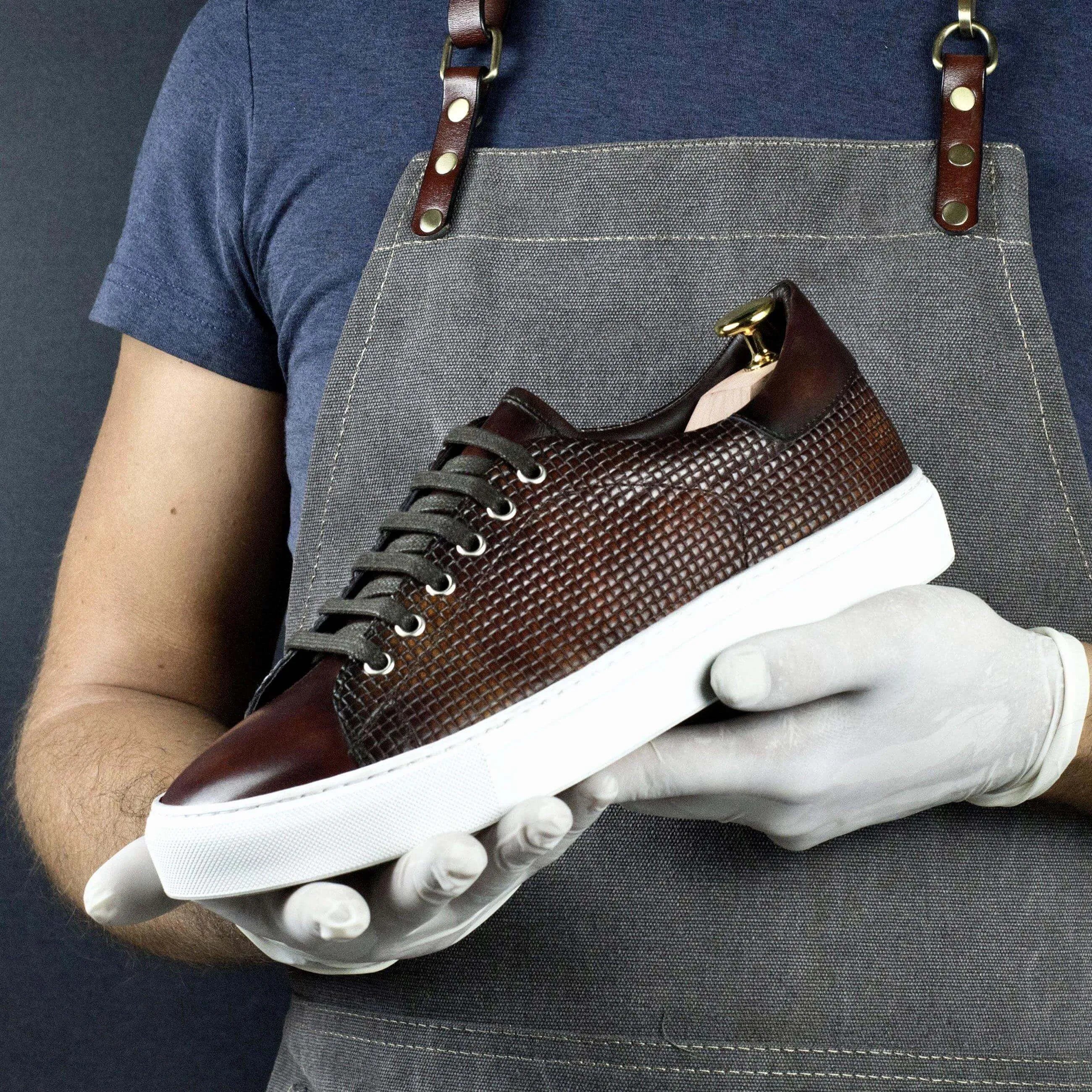 Brown leather Copa Braided Patina Sneaker II with white sole