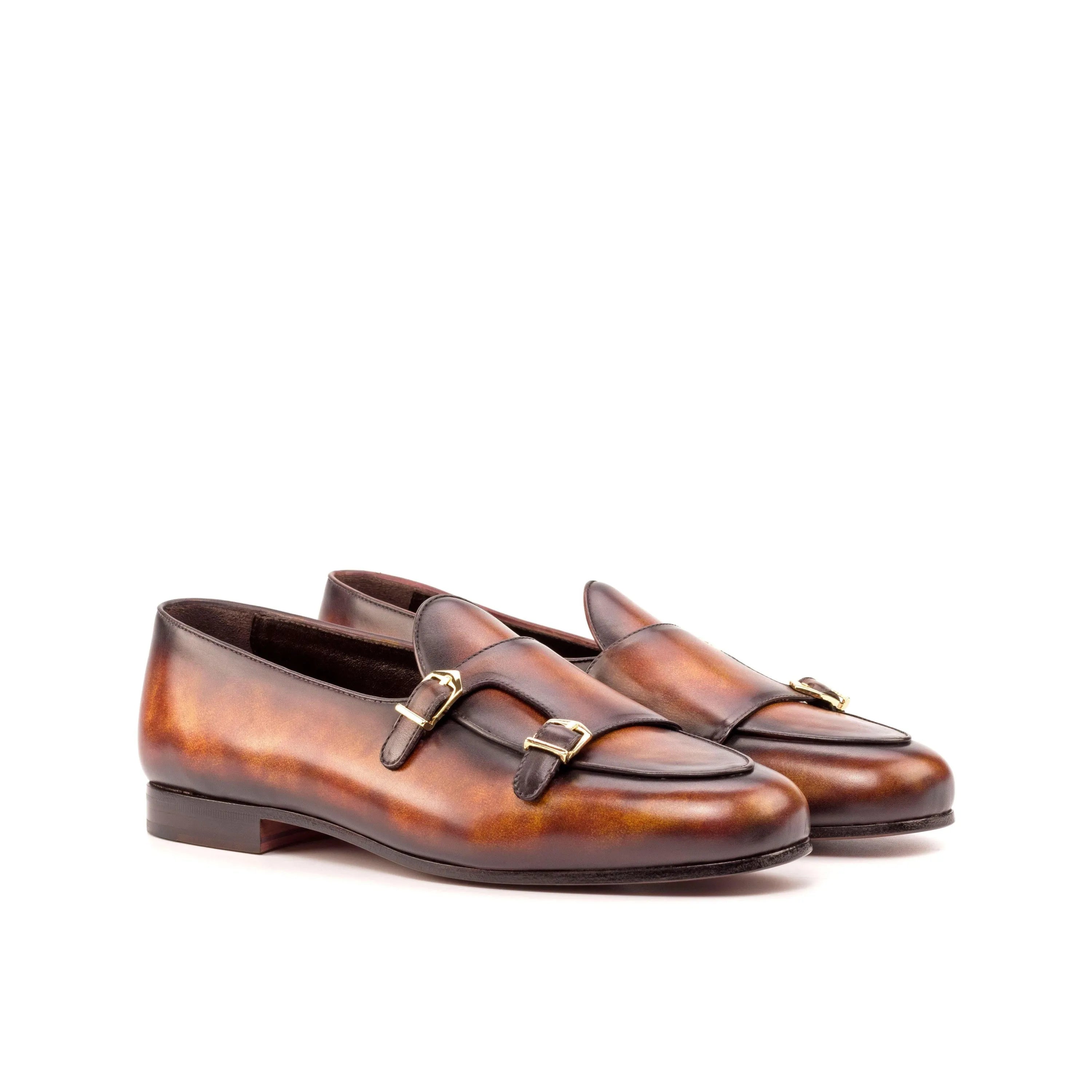 Dan Belgian Patina monk slipper with brown leather double monk straps