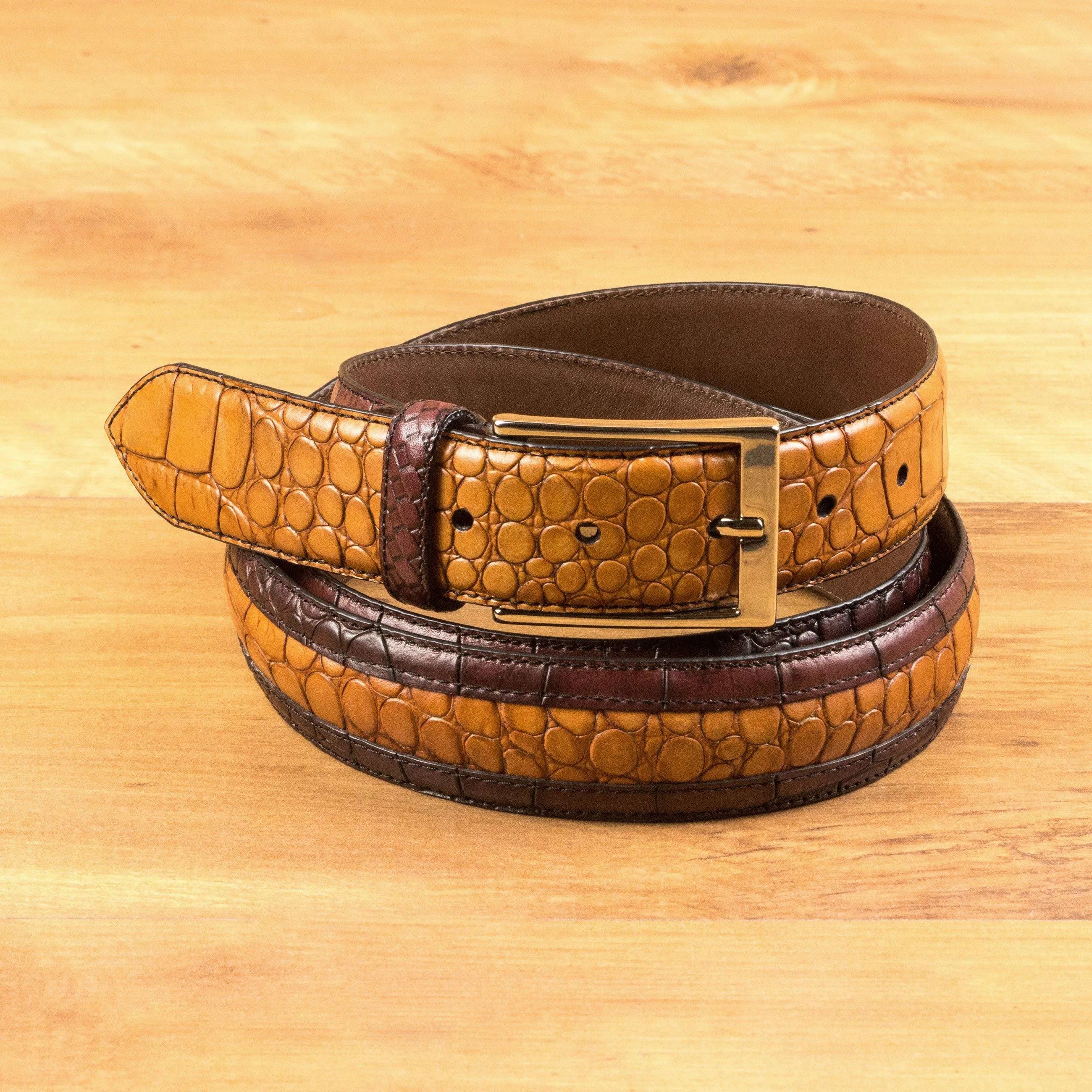 Deon Croc Venice belt in brown and tan alligator pattern