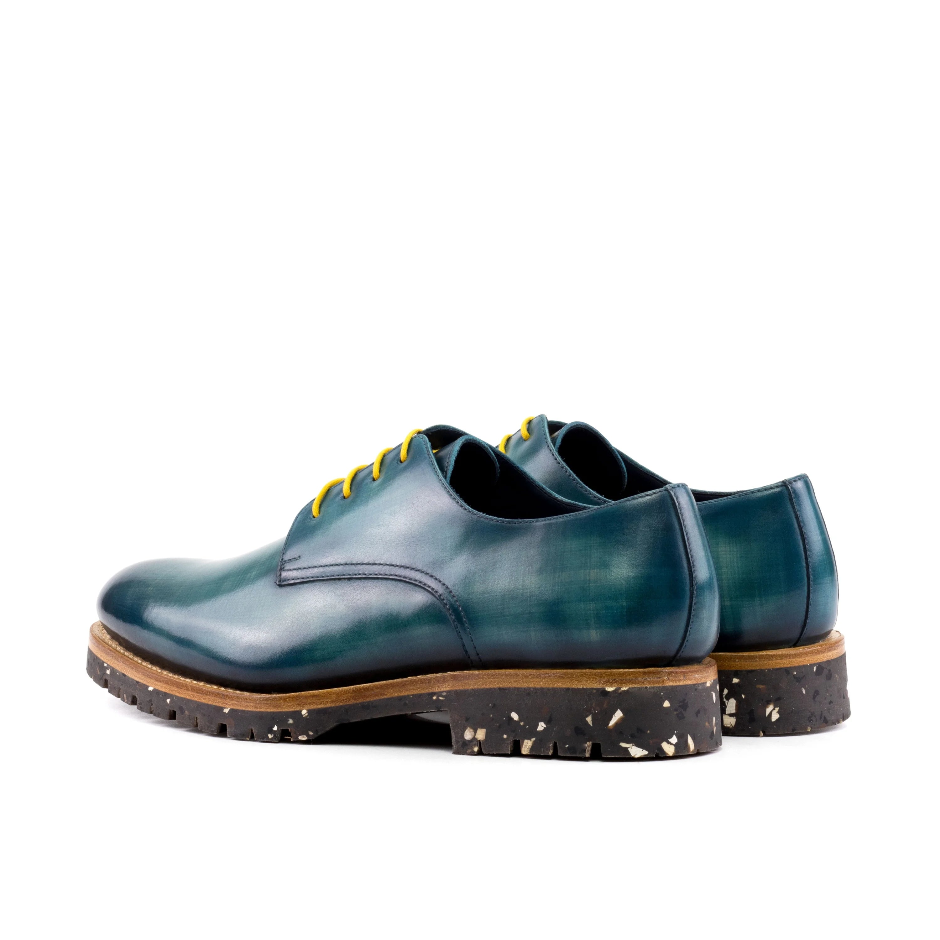 Dark teal Bristol Patina Derby open lacing calf leather oxfords with yellow laces