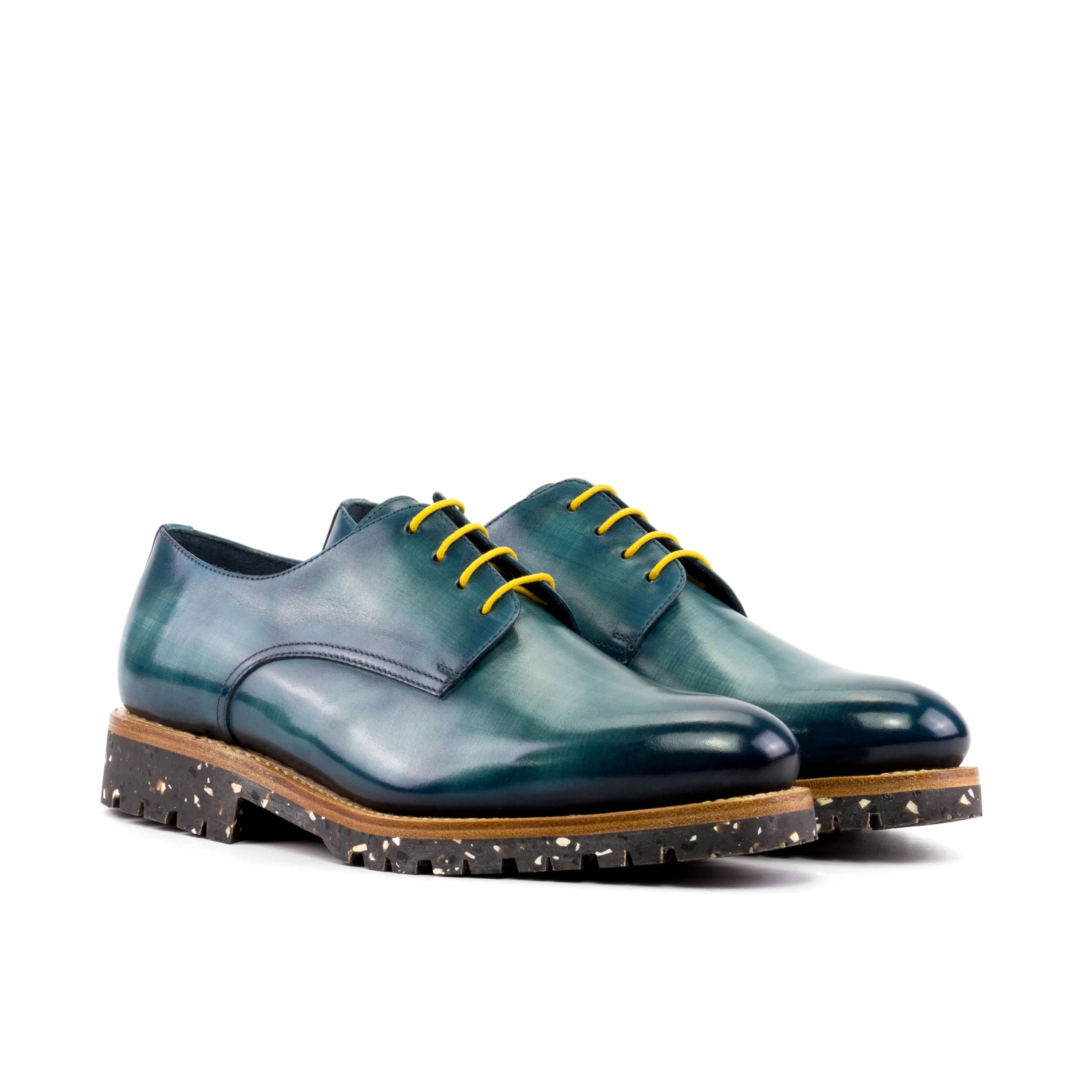 Bristol patina derby shoes in green blue calf leather with yellow laces