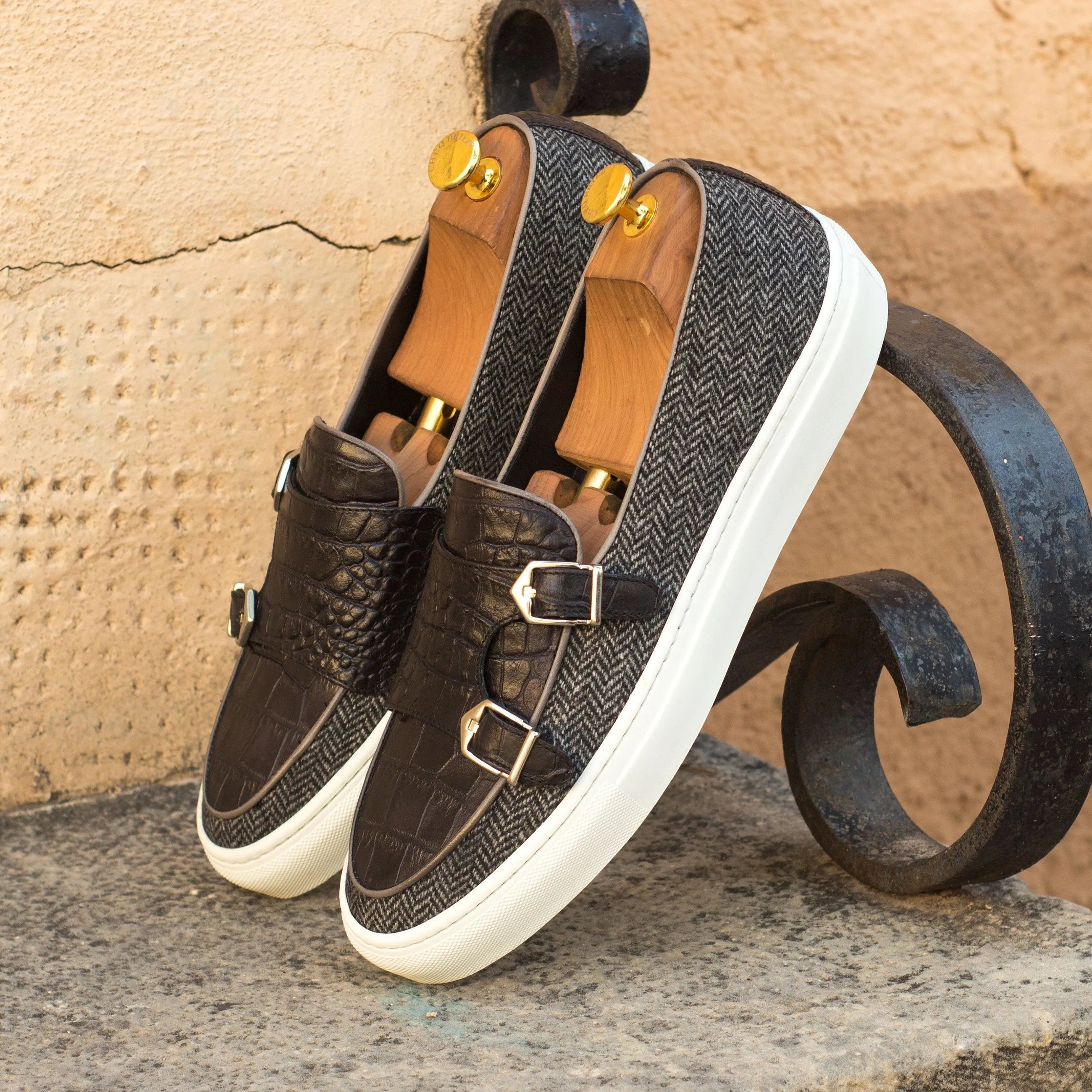 DonDrapper monk sneaker: stylish brown leather herringbone slip-on shoes
