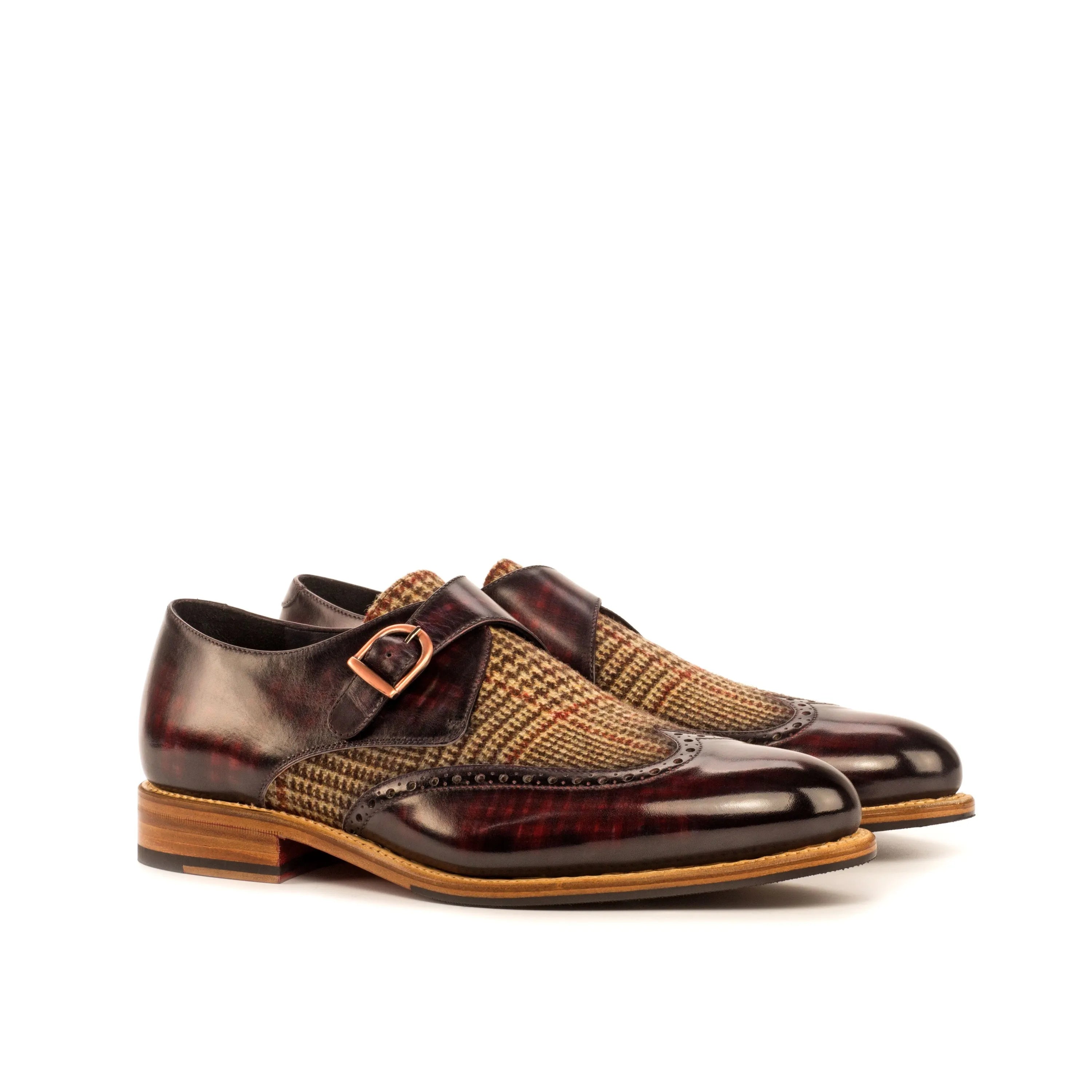 Donny single monk patina burgundy leather tweed monk strap shoes