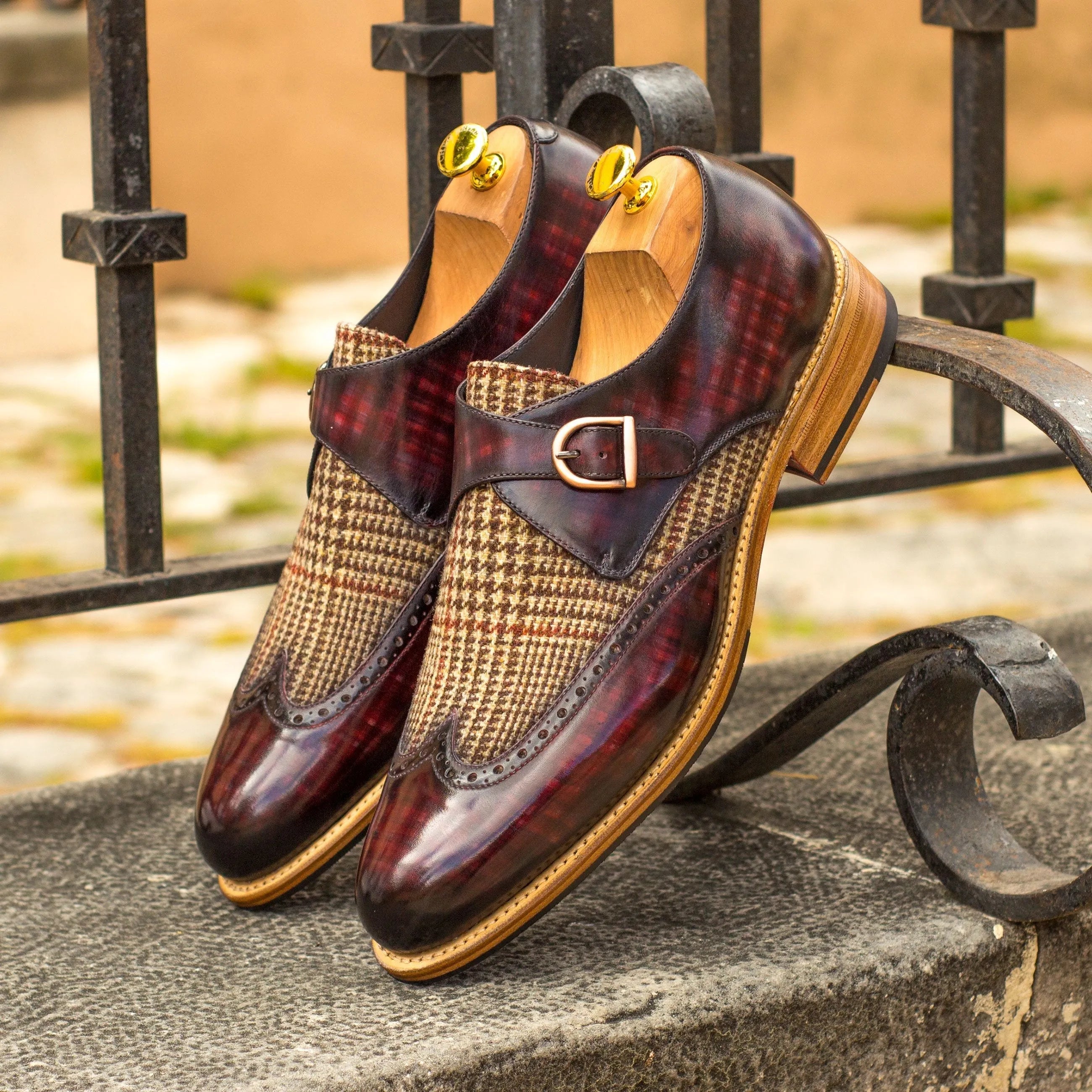 Donny single monk patina shoes in burgundy tweed monk strap design