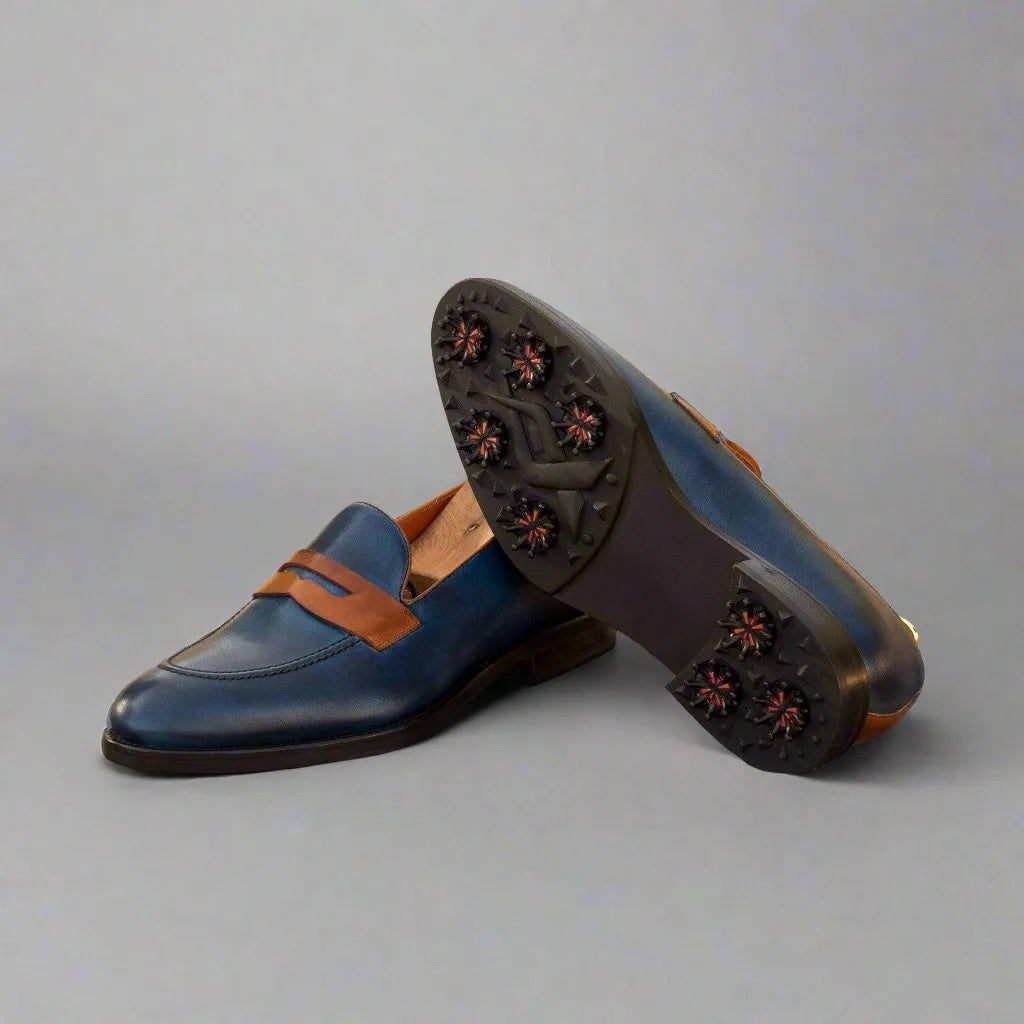 Double Eagle Loafer golf shoes in blue and brown painted calf leather