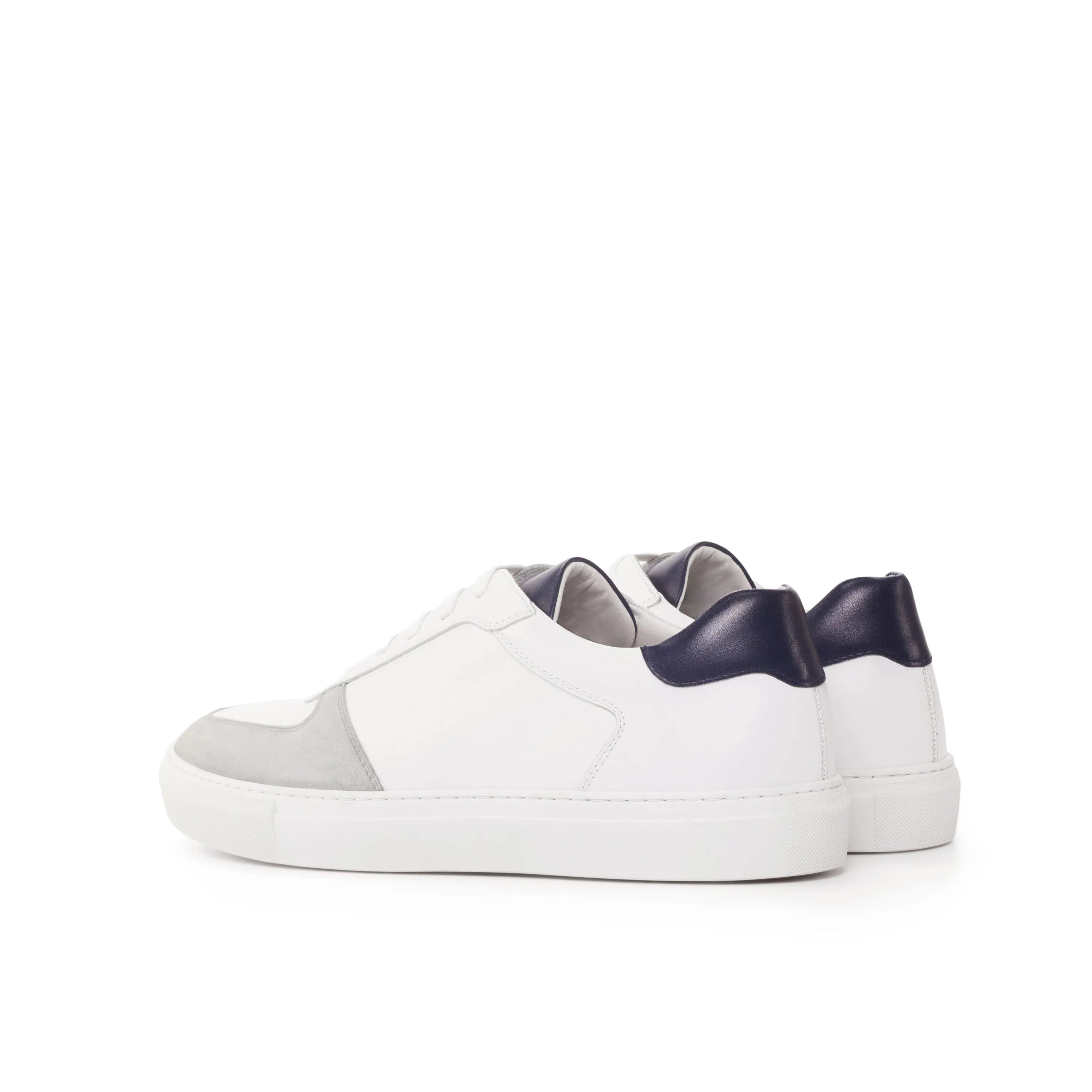 DW15 low top sneaker II white leather with navy heel, luxury bespoke shoes for men