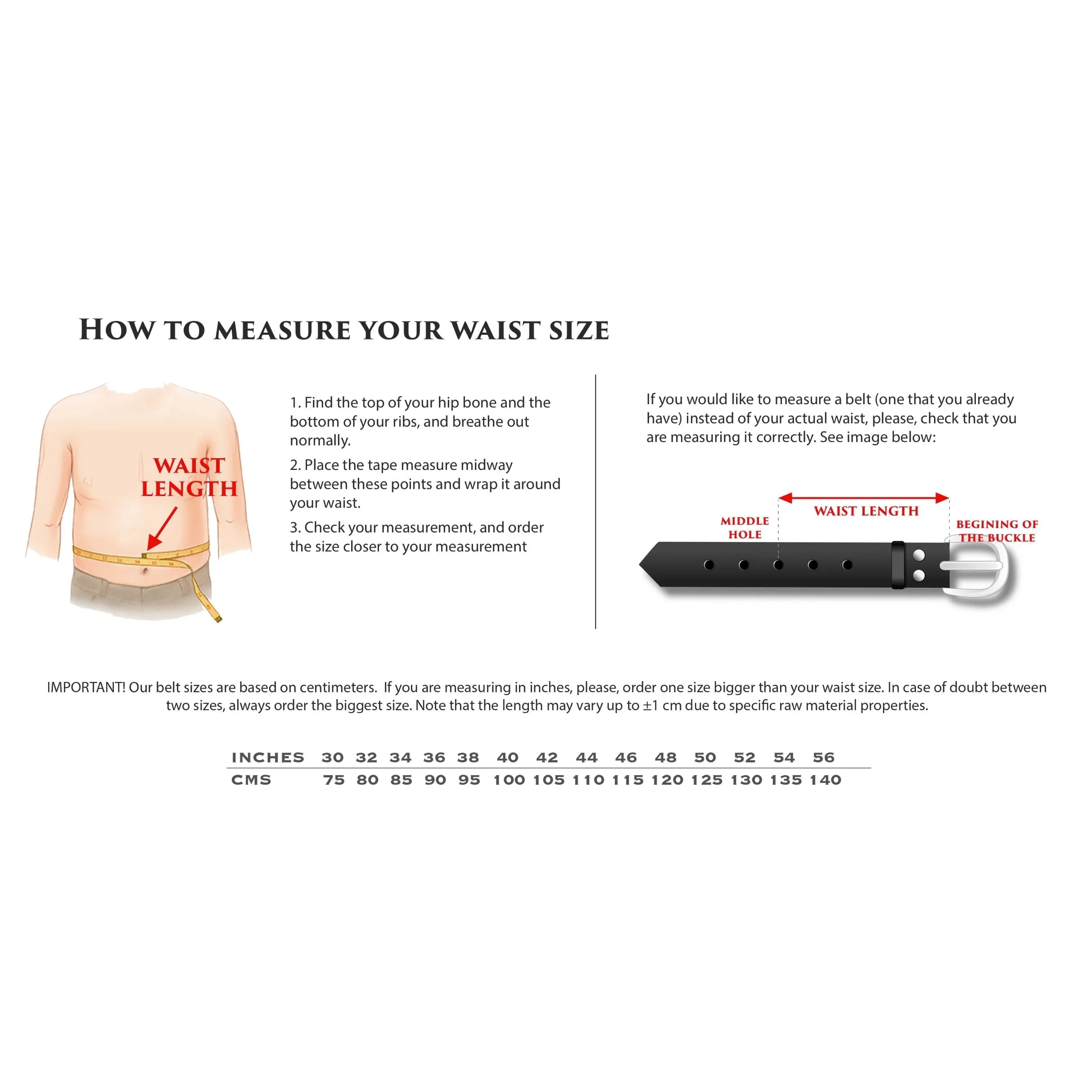 Waist measurement guide for Dyno Patina Hamptons belt