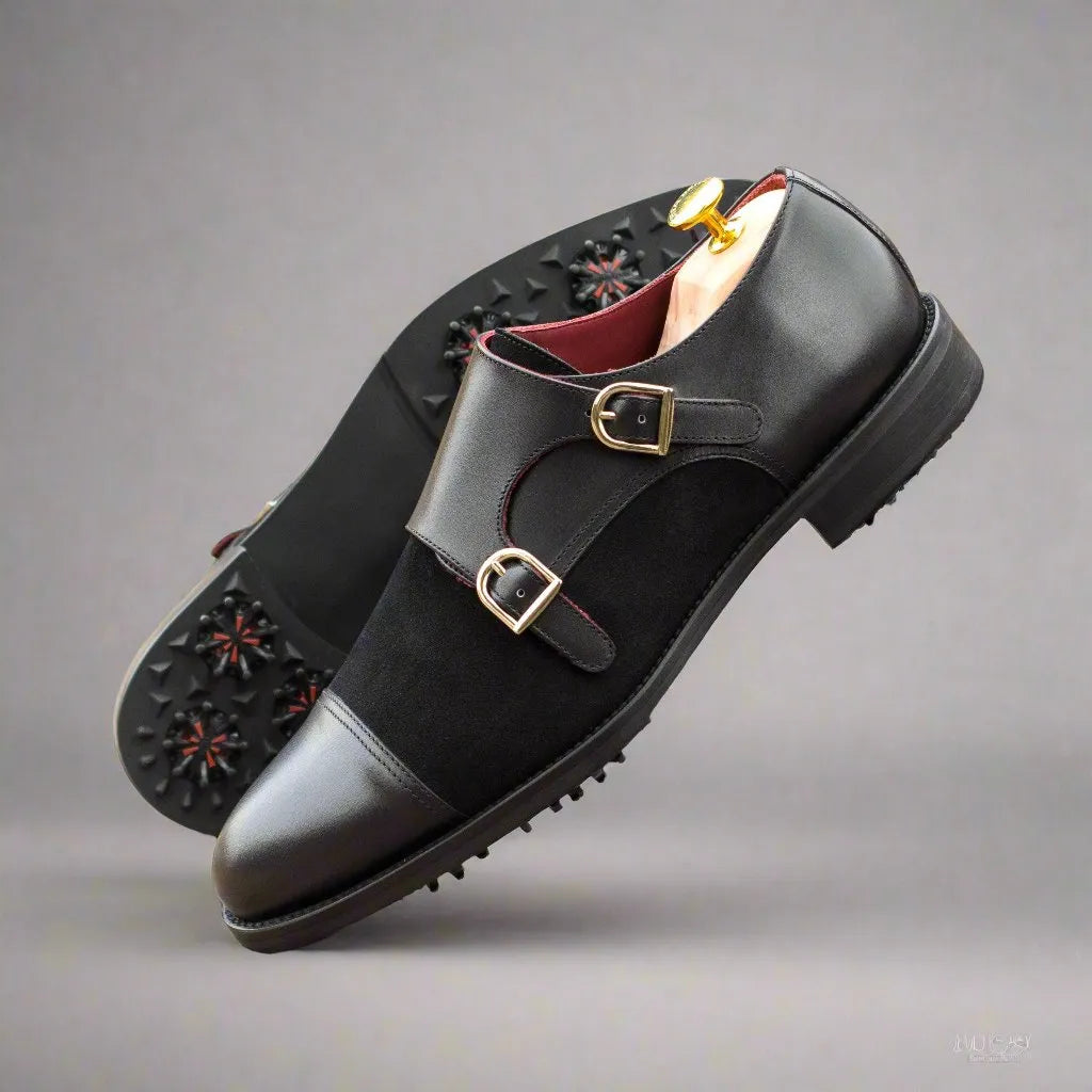 Eagle Golf Shoes: black leather suede double monk strap golf shoes