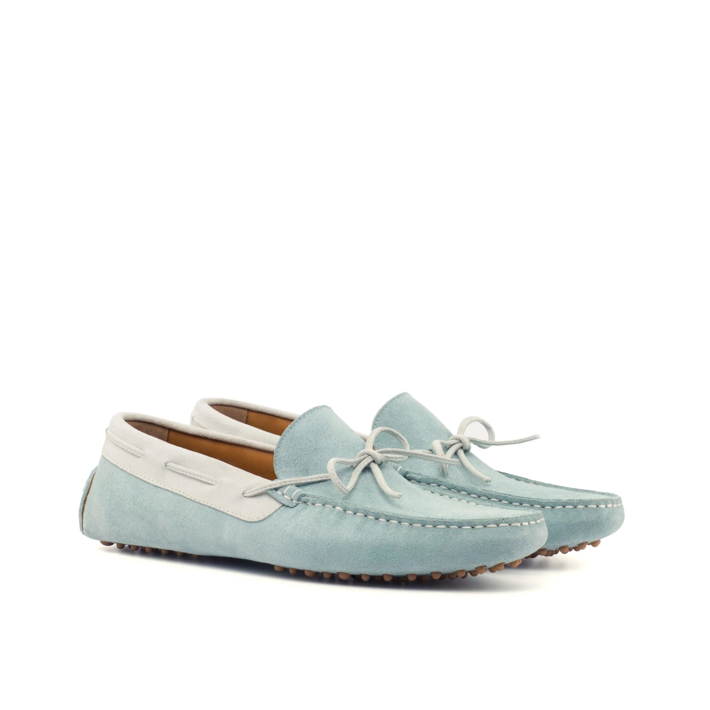 Egypt Driver II light blue suede loafers with white accents, brown soles