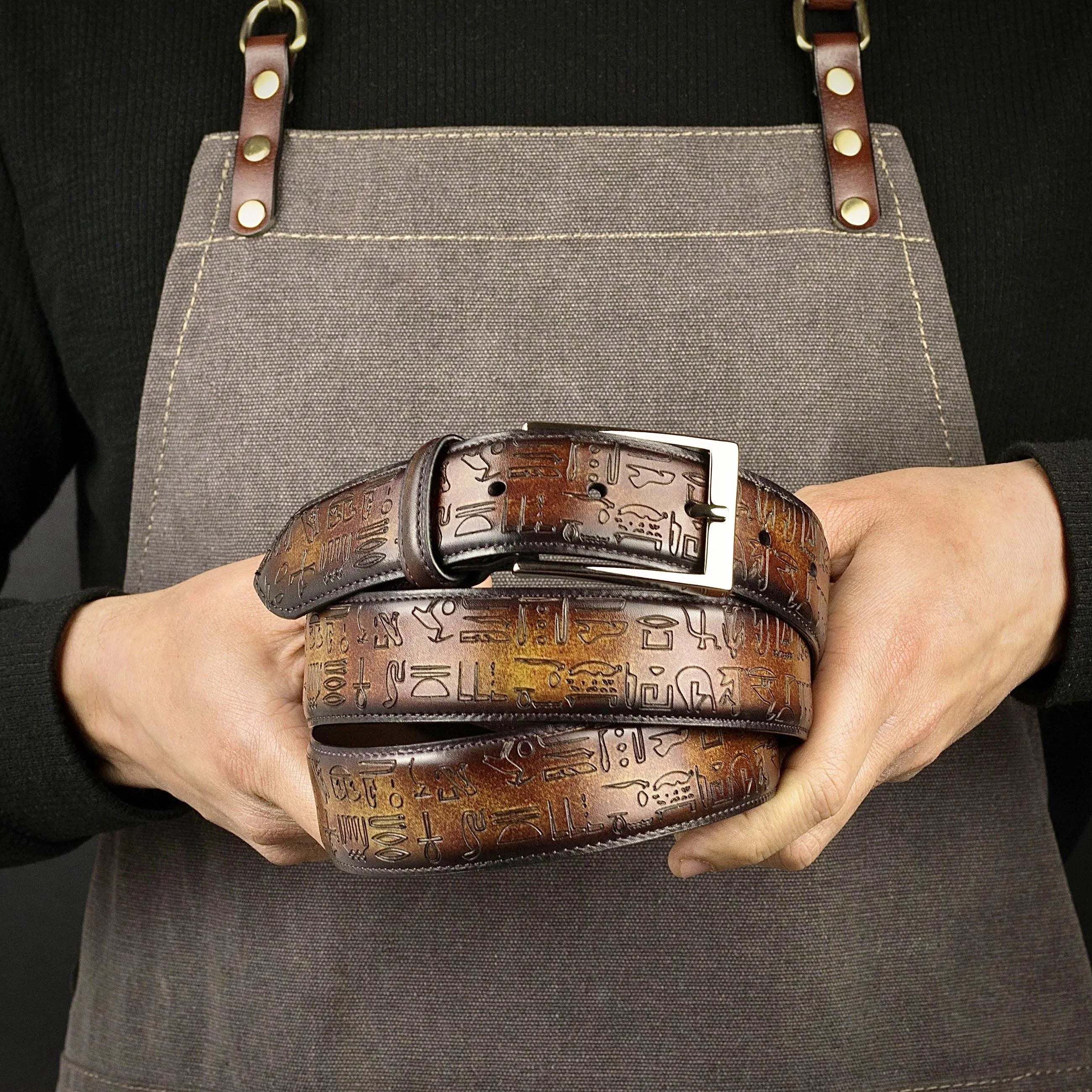 Egyptian patina belt: brown leather with Egyptian hieroglyphs