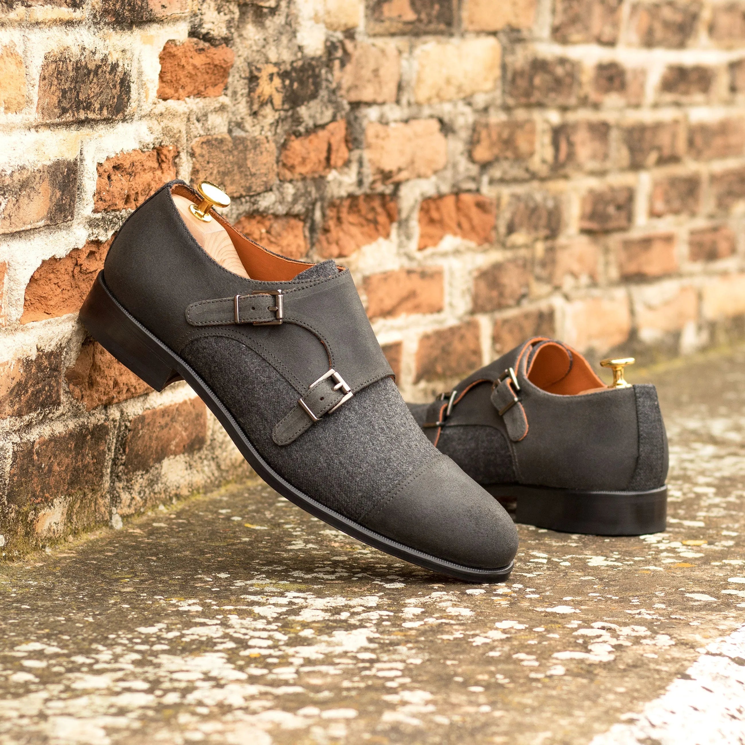 Elegancia Double Monk black leather gray wool double monk patina shoes