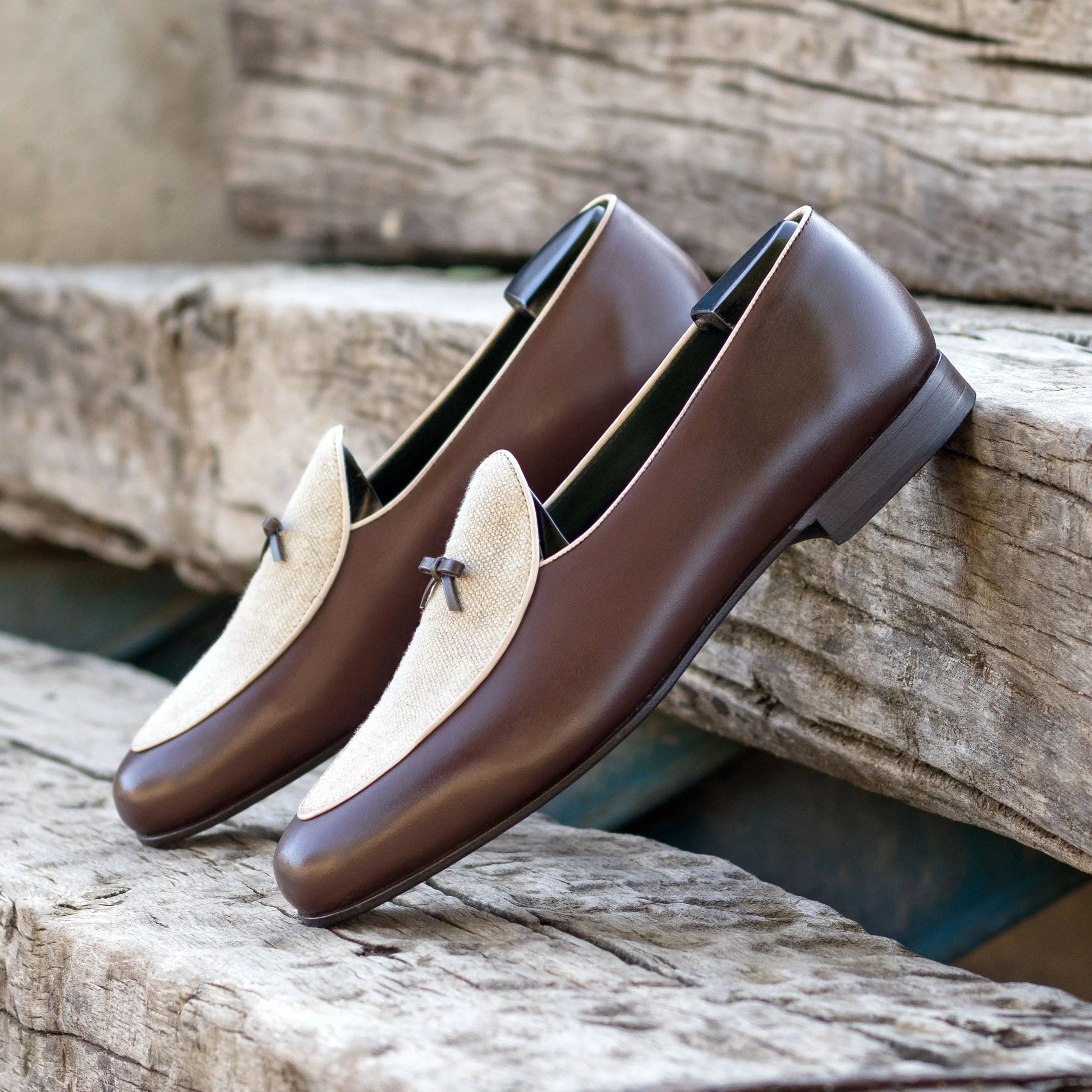Fardoz Belgian Slipper II brown leather loafers with beige accents