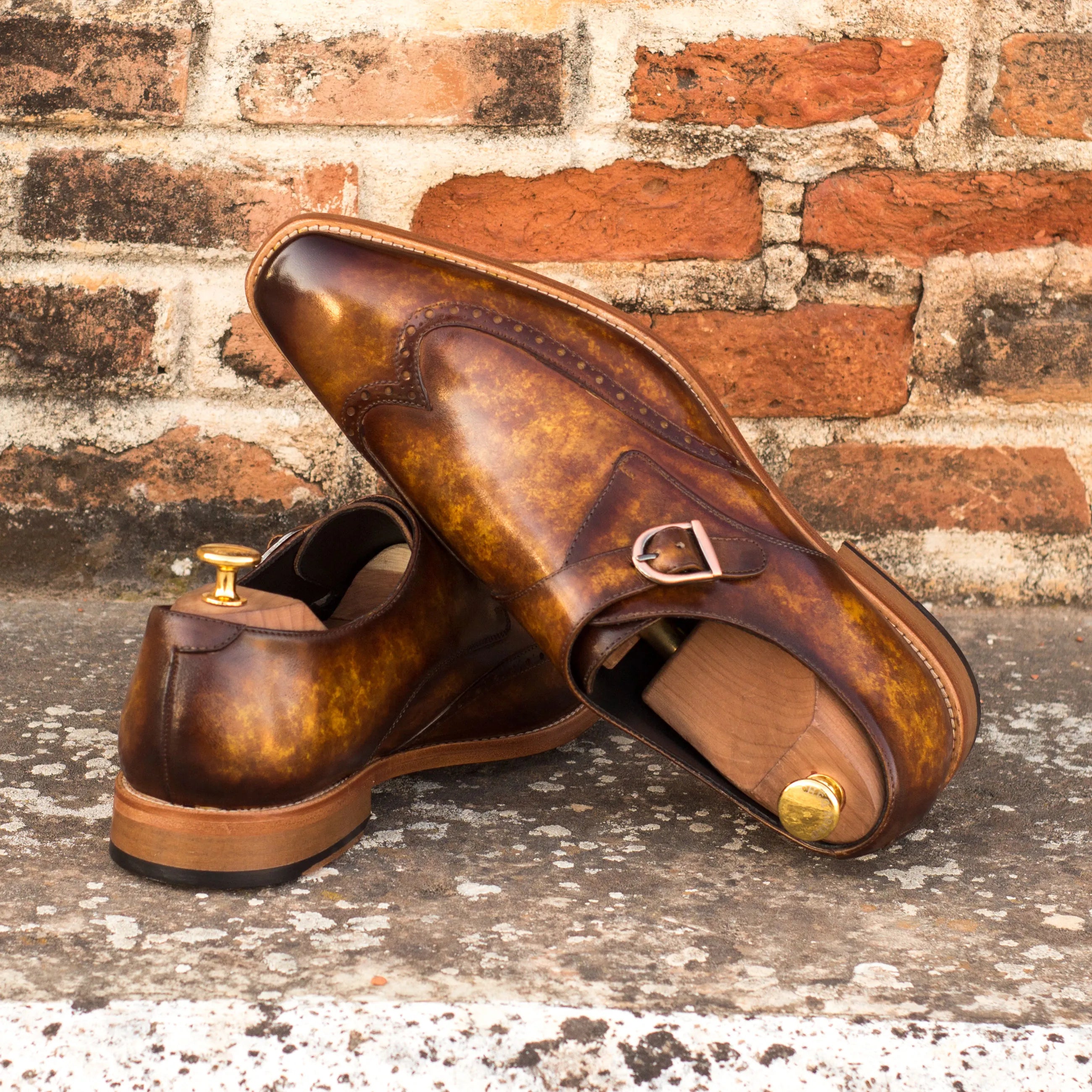 Brown leather Fire Patina single monk shoes back view