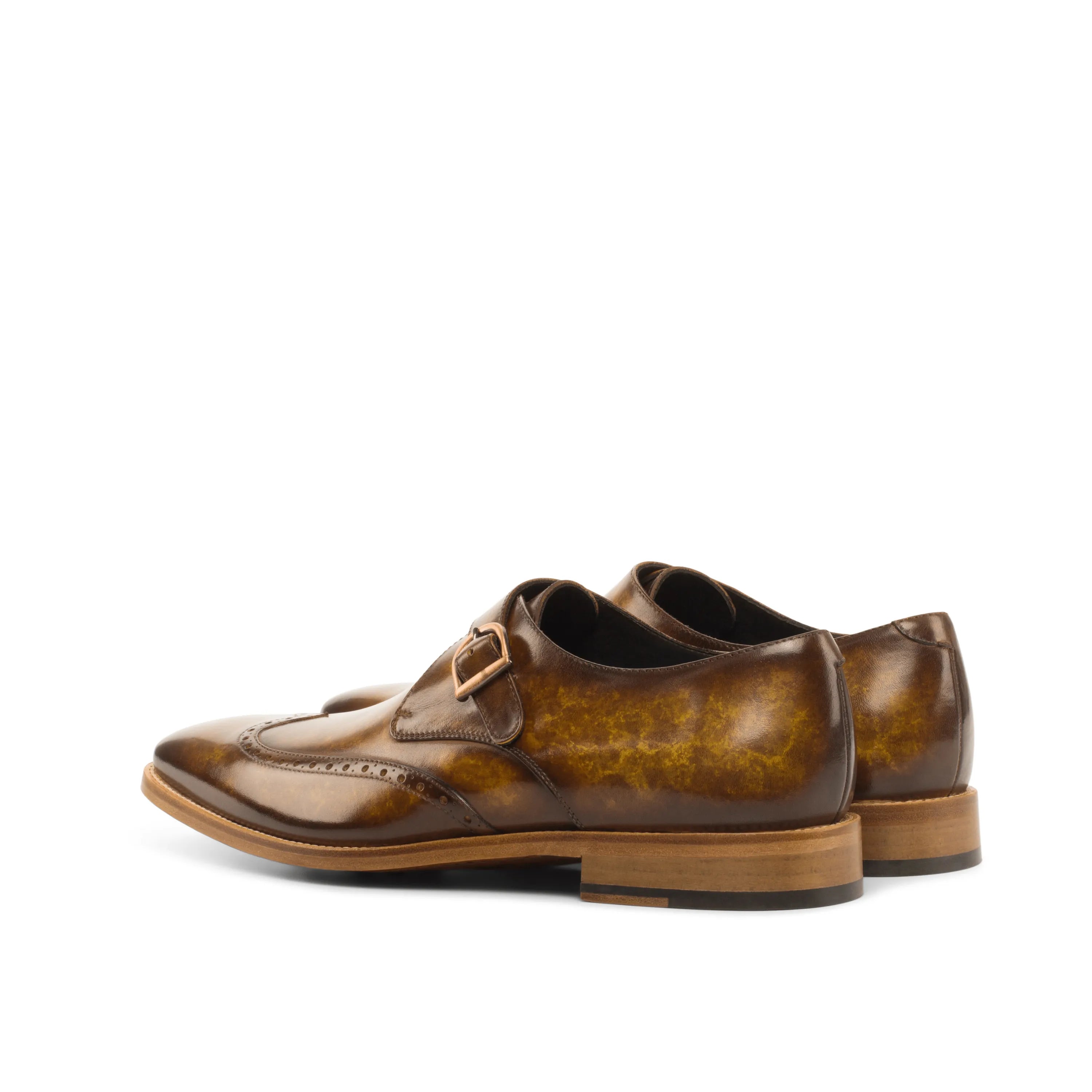 Fire Patina single monk shoes in brown leather pair back view