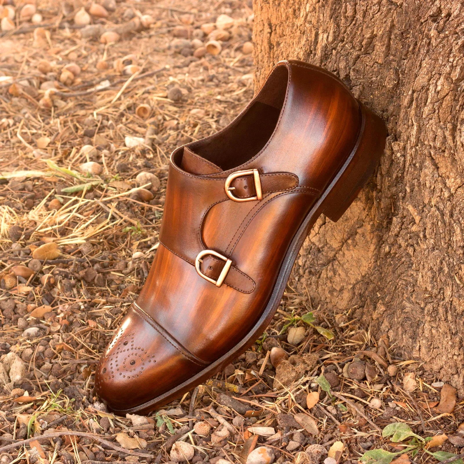Frango Patina Double Monk brown leather shoe with gold buckle