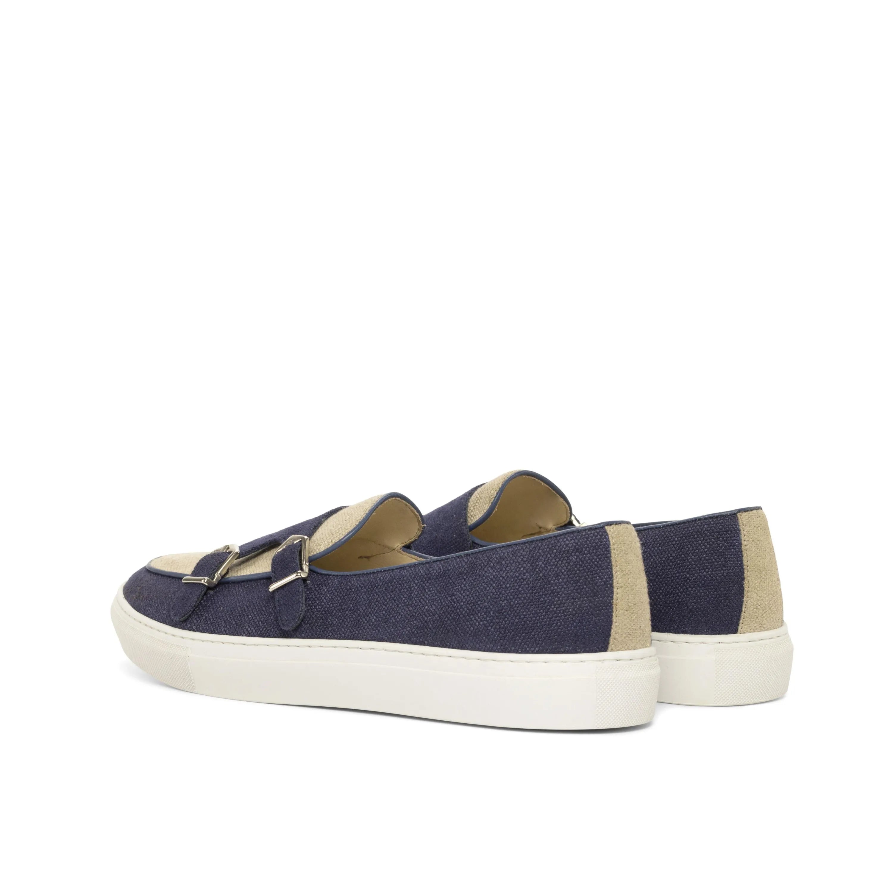 Fridays monk sneaker in navy and beige monk strap design
