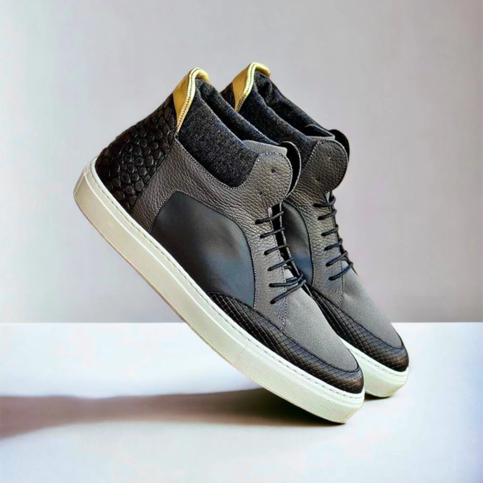 Gaiteglide high top gray black calf leather sneakers for men