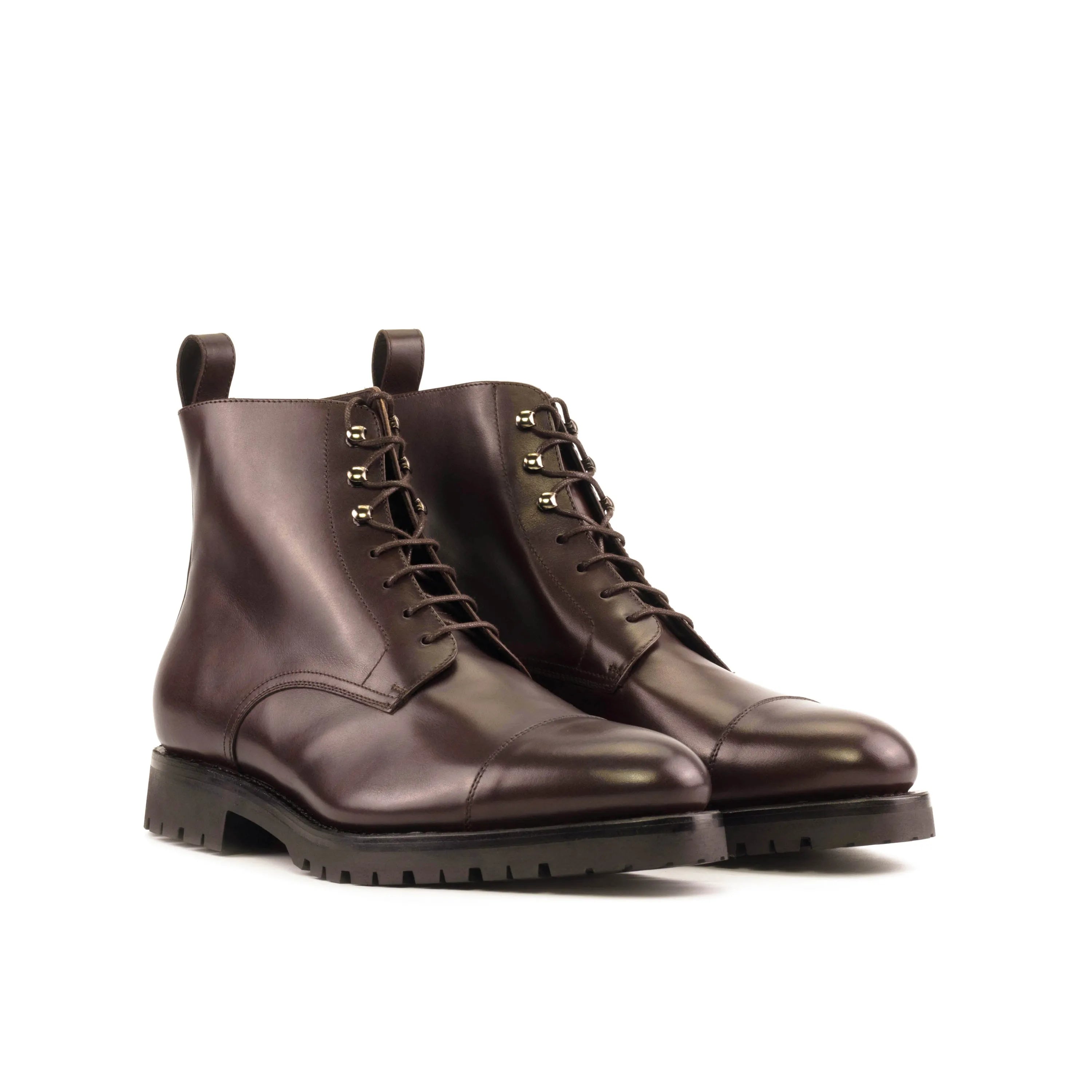 Pair of brown leather lace-up Geeva Jumper Boots back view