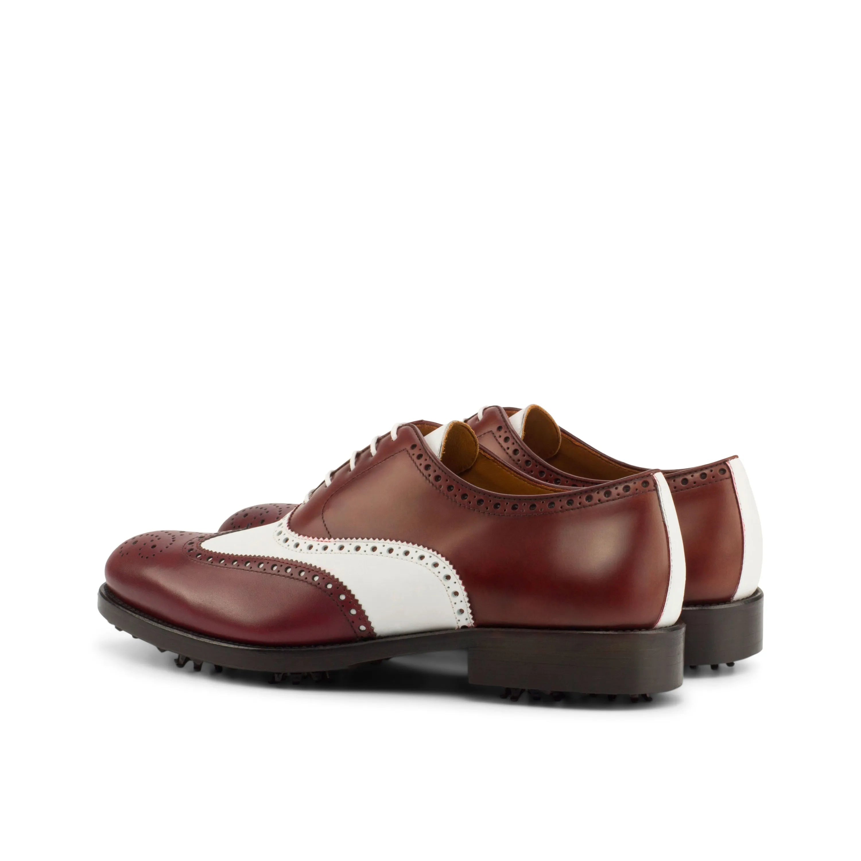 Burgundy and white GoLong full brogue golf shoes back view