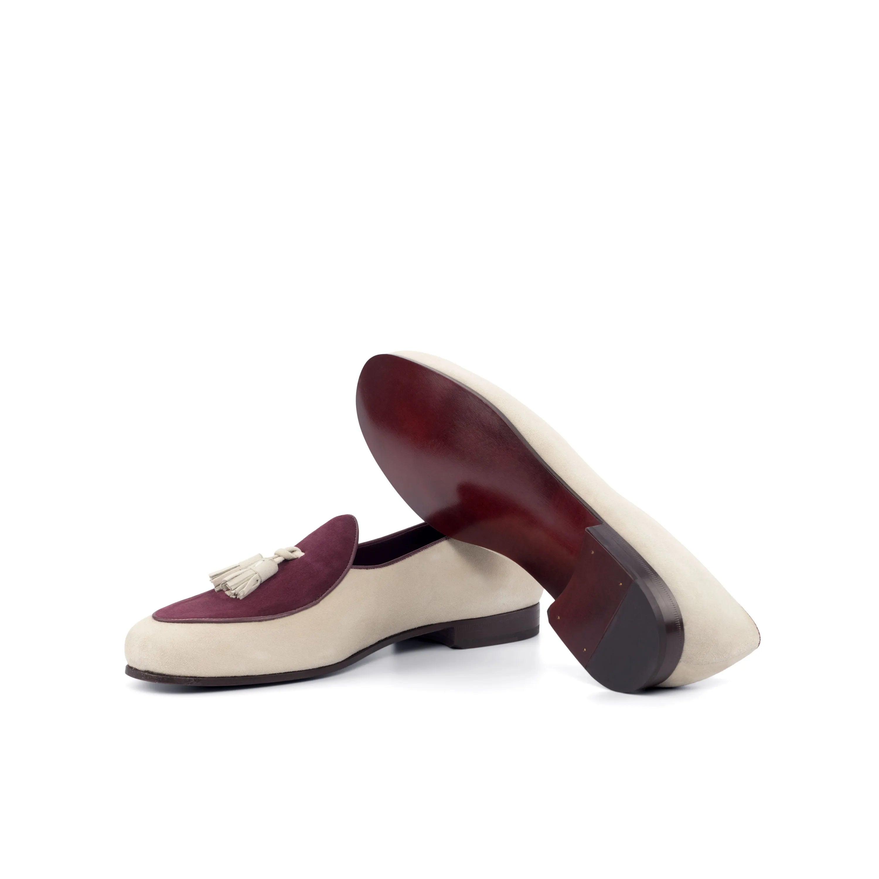 Two-toned tassel loafers on Hass Belgian Slipper II back view