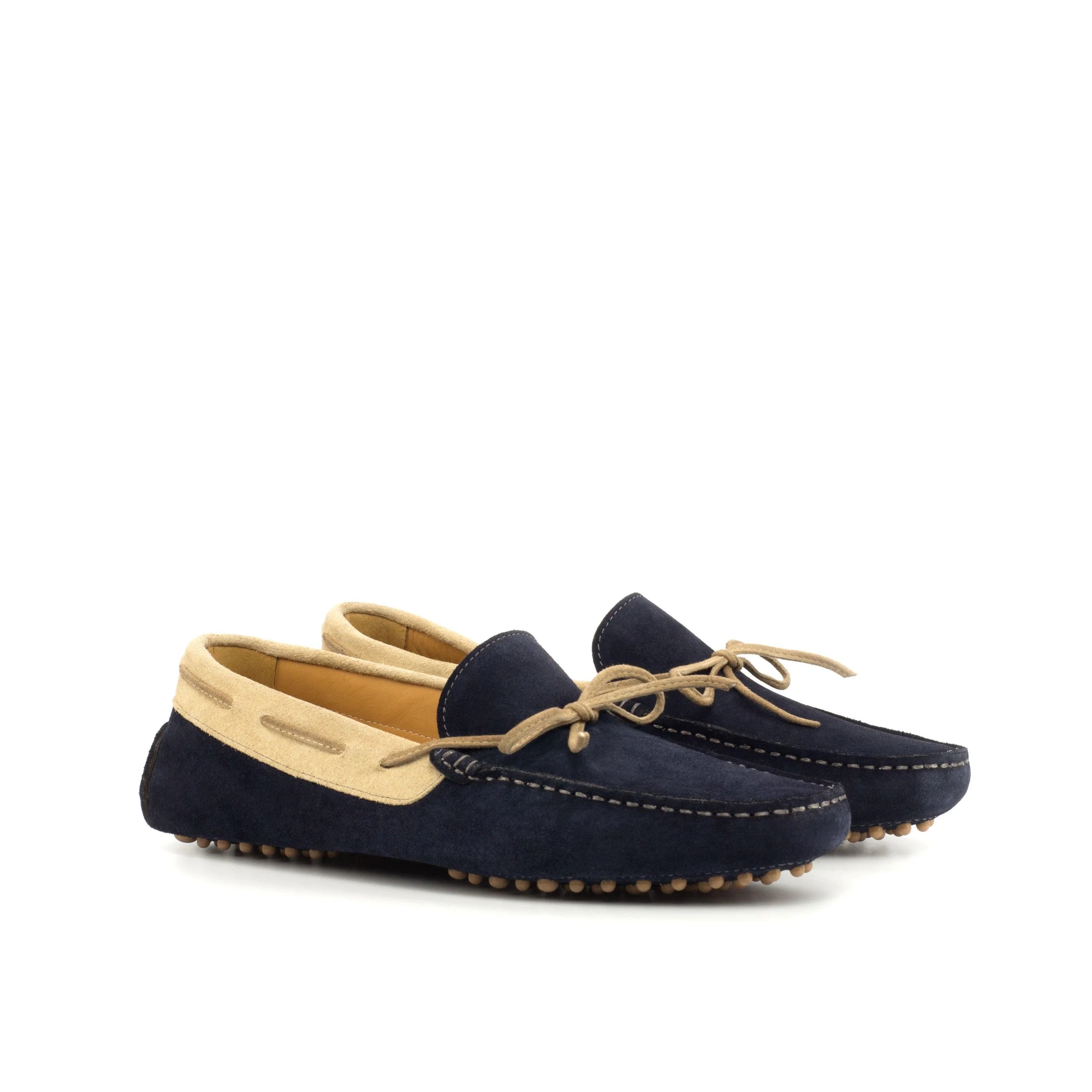 Hudson Driver II navy blue suede driving moccasins with tan accents