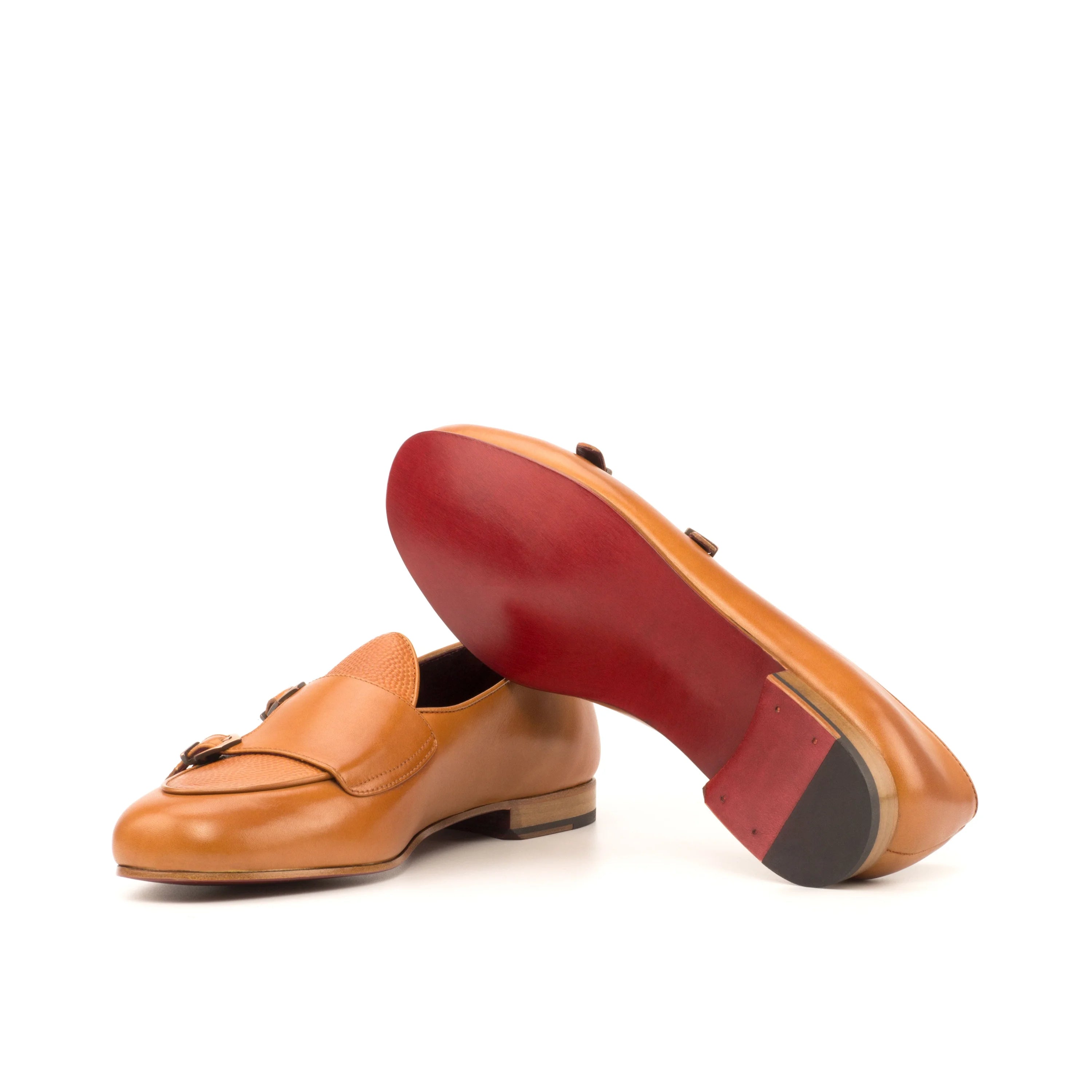 Ibb Belgian monk slipper with tan leather, red sole and gold buckle