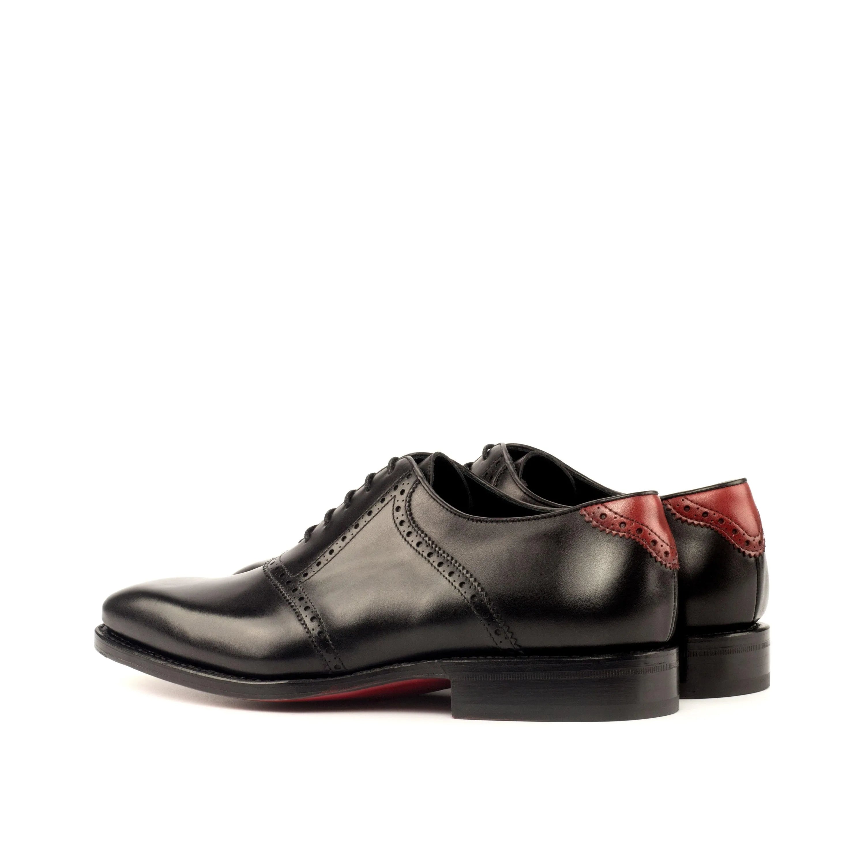 Iron Saddle shoes: black leather dress saddle shoes with red accents