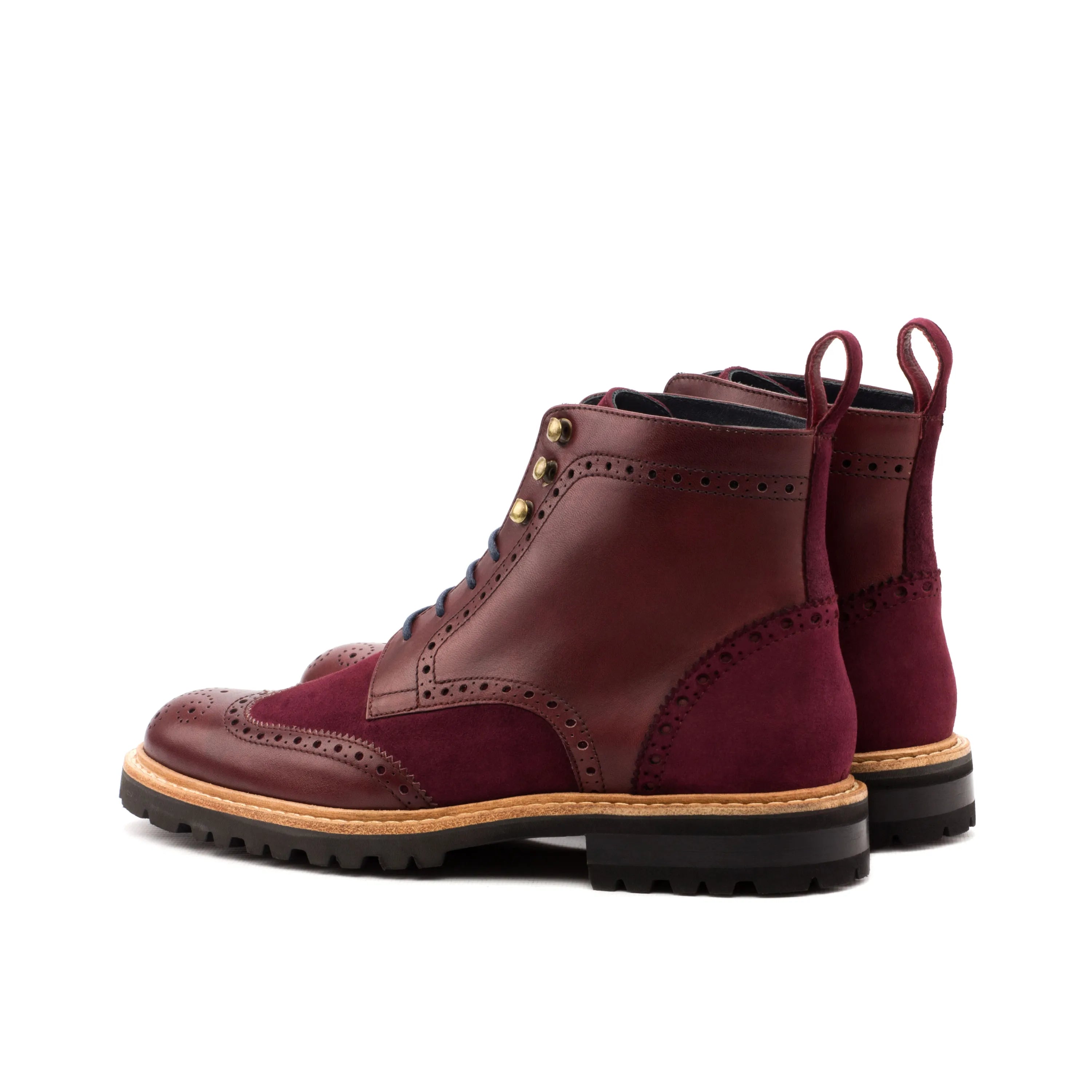 Jayanta ladies military brogue boots II in burgundy leather and suede