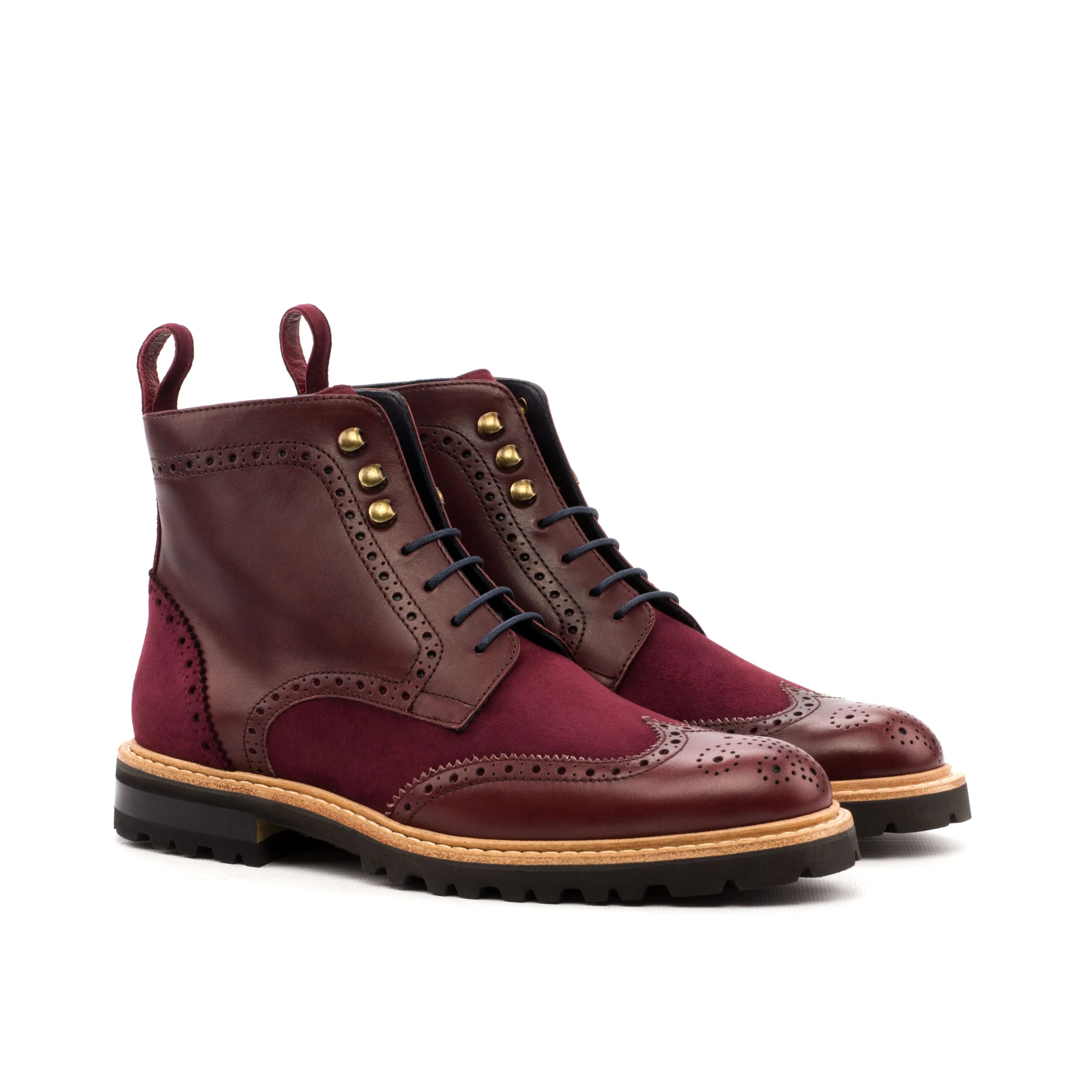 Jayanta ladies military brogue boots II in burgundy leather and suede