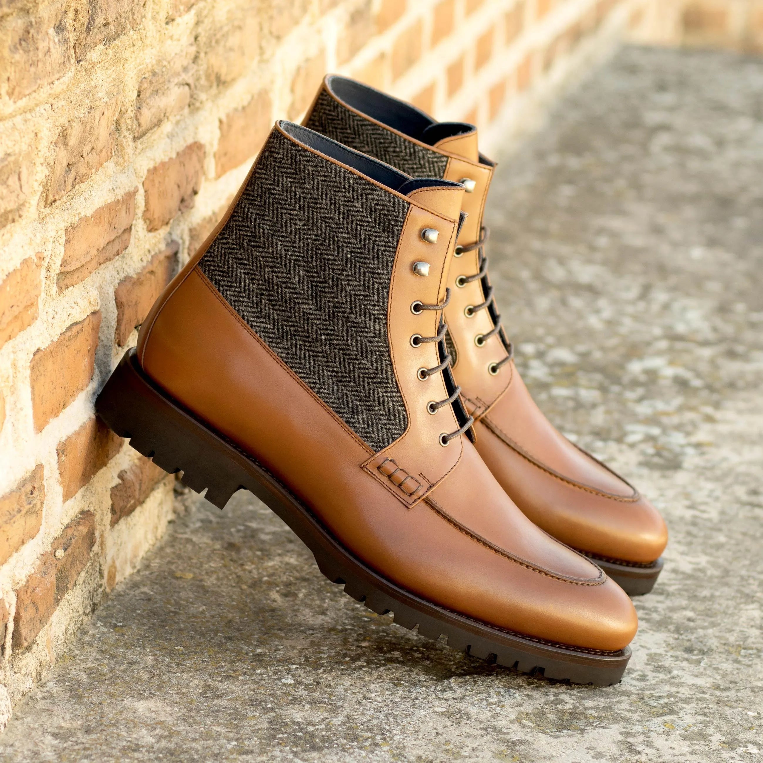 JD Moc Boot: brown leather and herringbone tweed moc boot for men