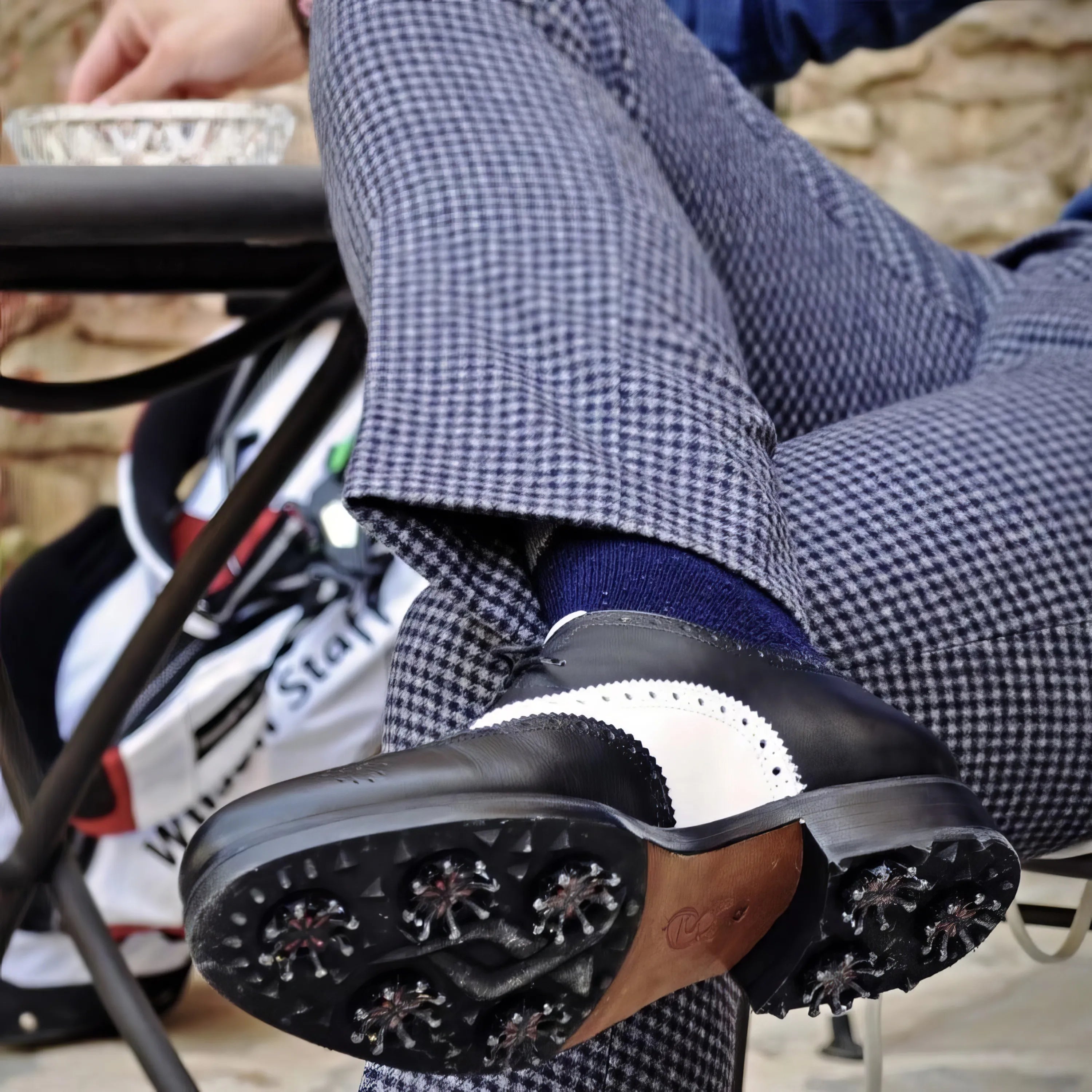 Jim Full Brogue black and white box calf golf shoes back view