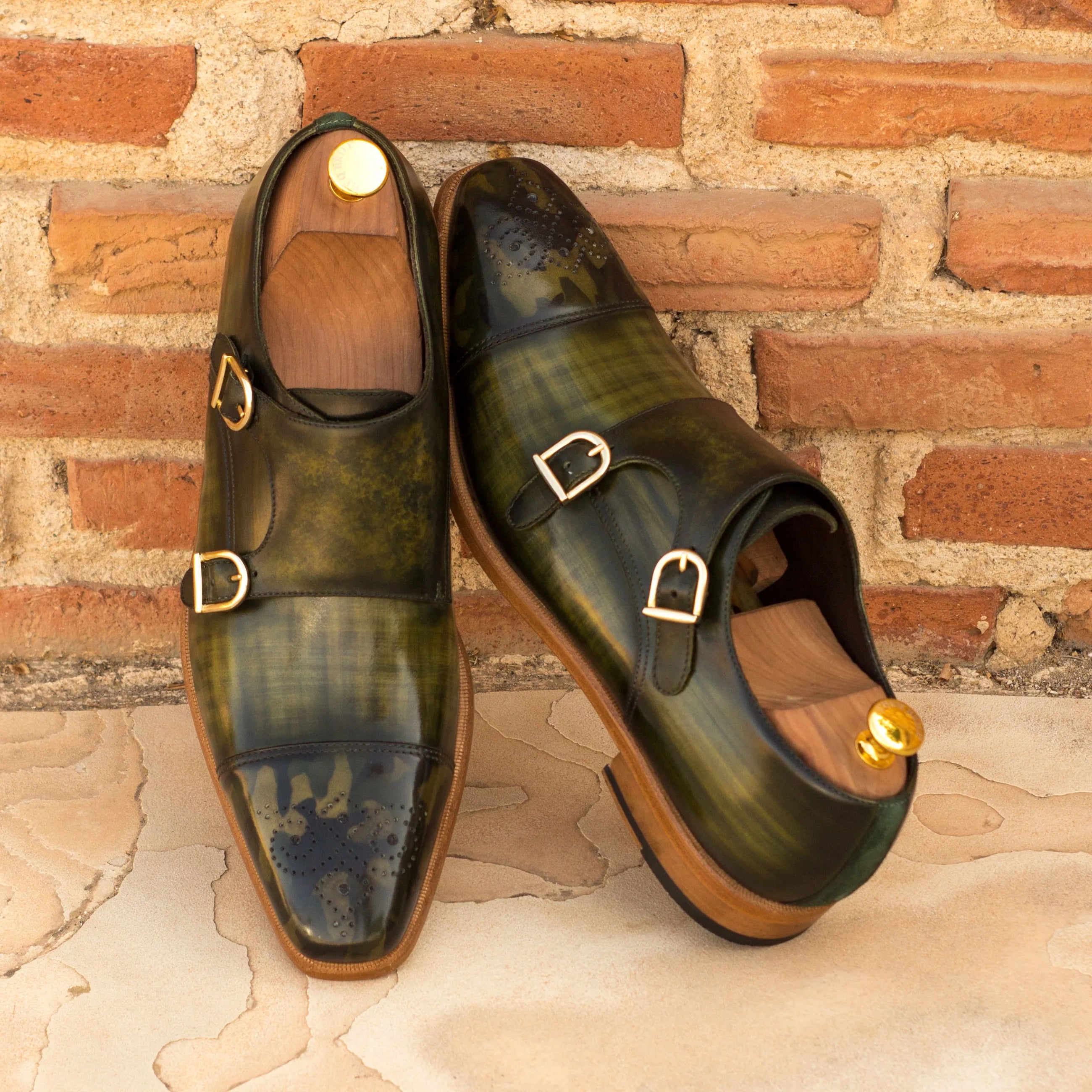 Joker double monk patina shoes in green leather, double monk strap view