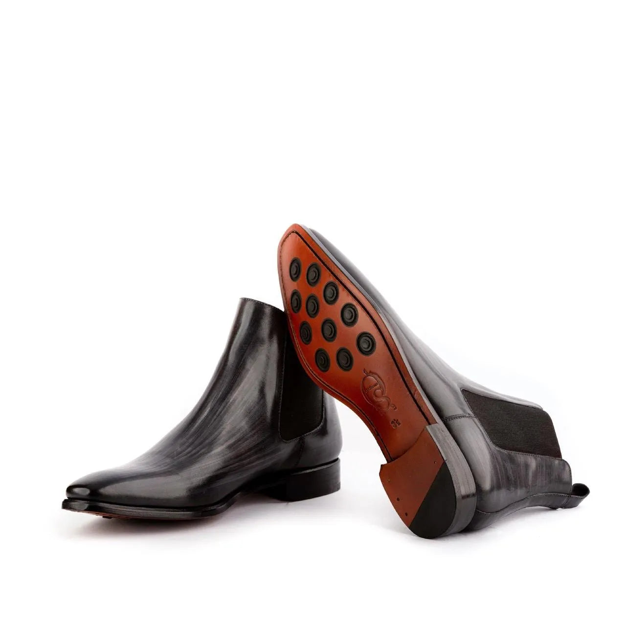 Pair of gray leather JT Chelsea patina boots II