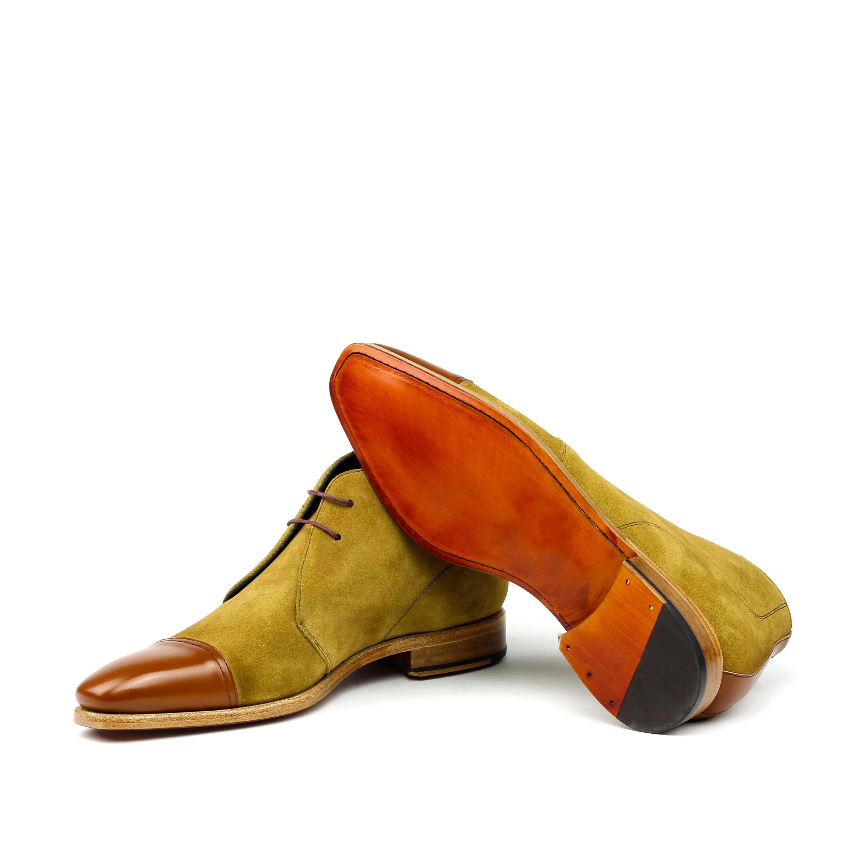 Juliano Chukka two-tone suede leather dress boots, luxury hand-painted patina