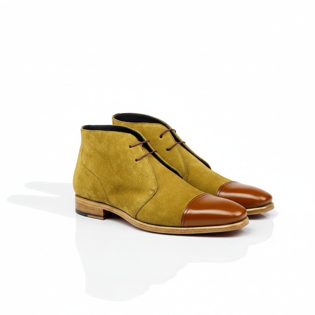 Juliano Chukka two-toned suede leather boots, luxury hand-painted patina