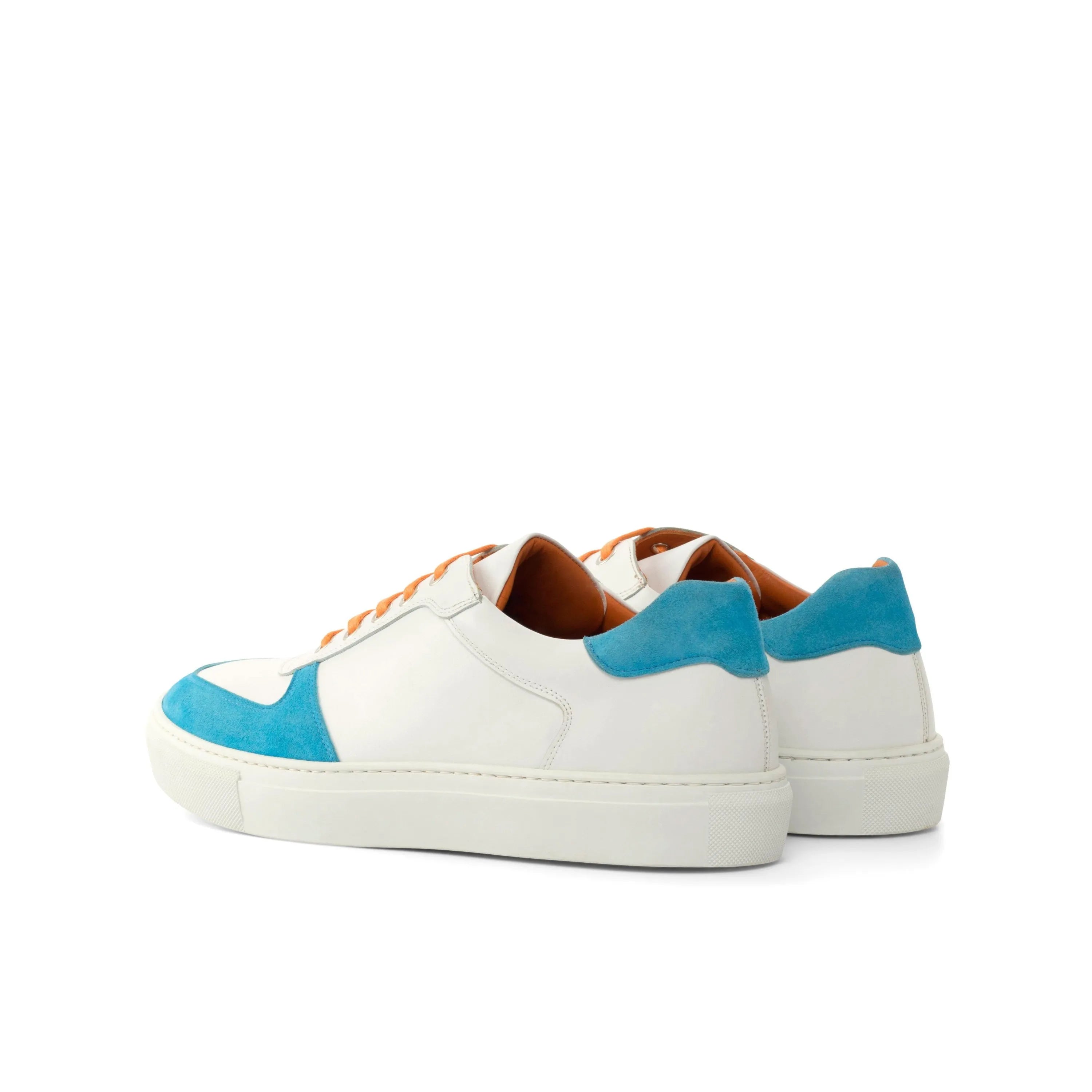 Junos Low white leather sneakers with blue accents, luxury bespoke shoes for men
