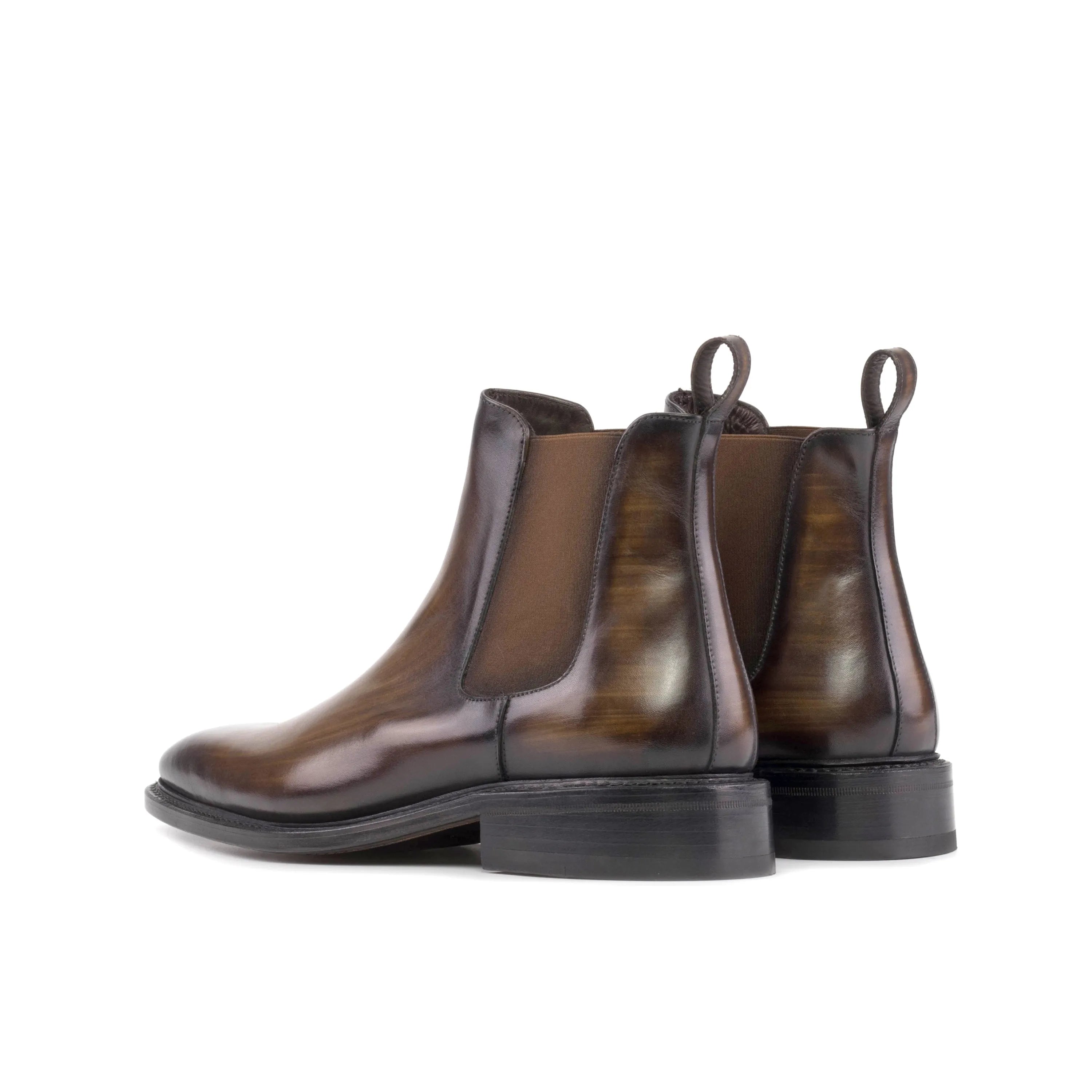 Kennedy patina Chelsea boots in brown leather rear view