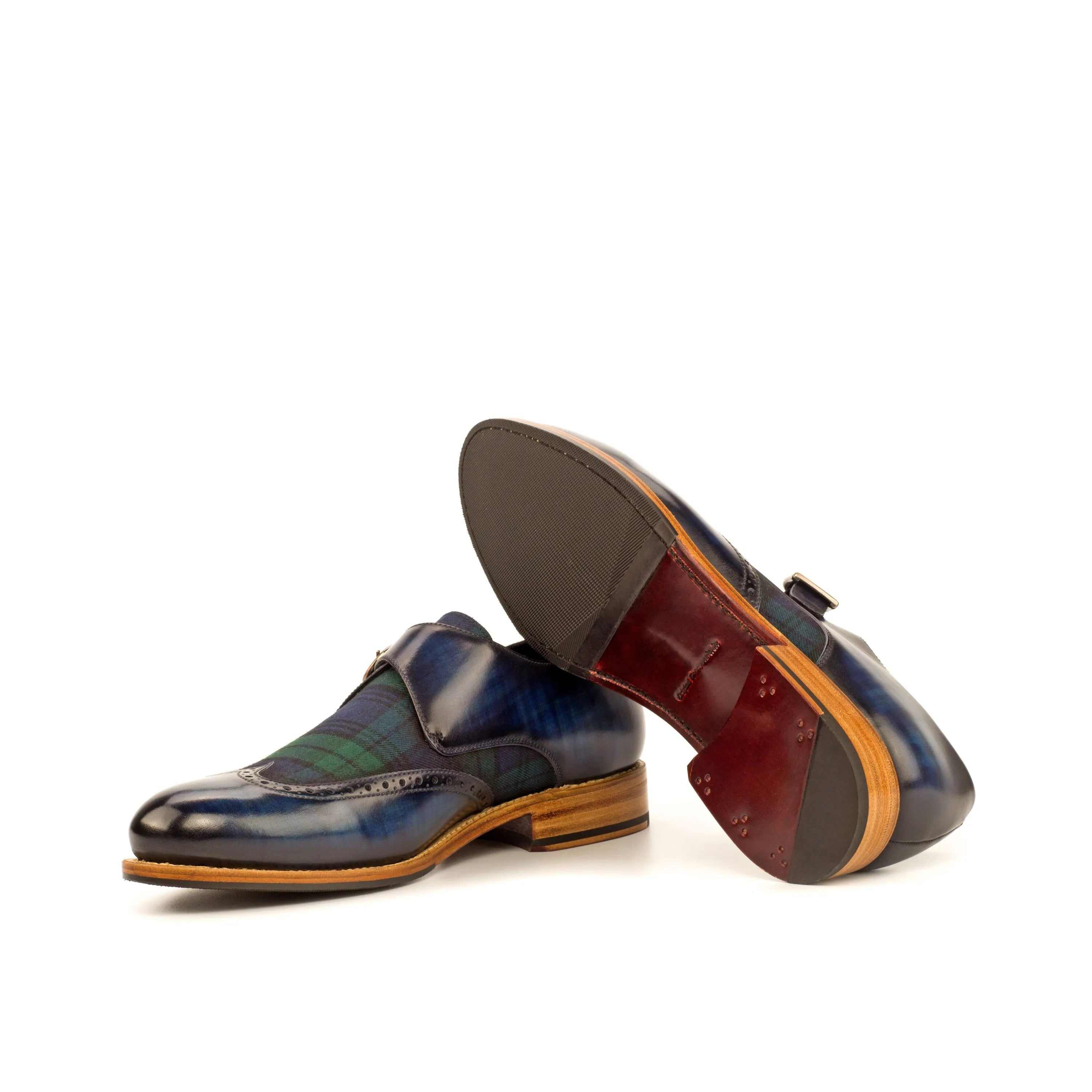 Khalil Patina Single Monk blue plaid shoes