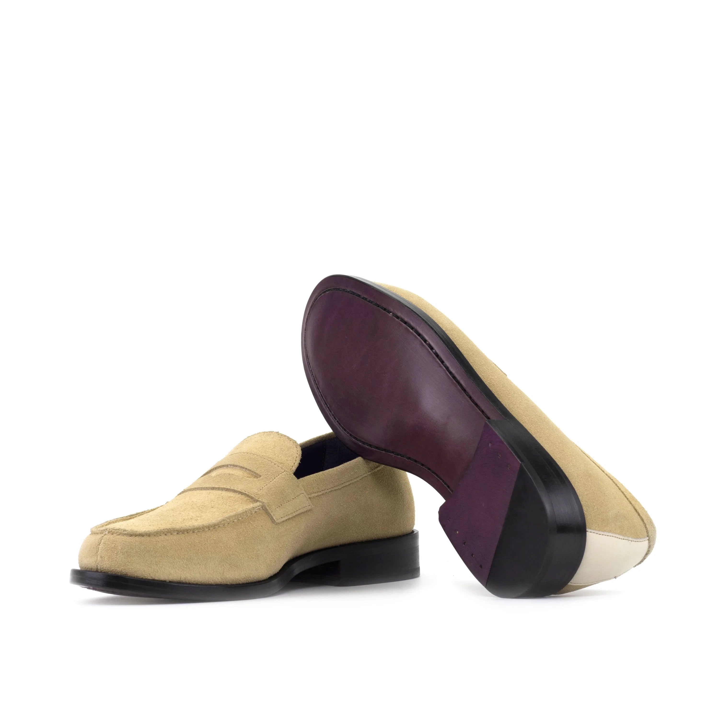 Kilzo penny loafers II: beige suede with black soles, purple insole