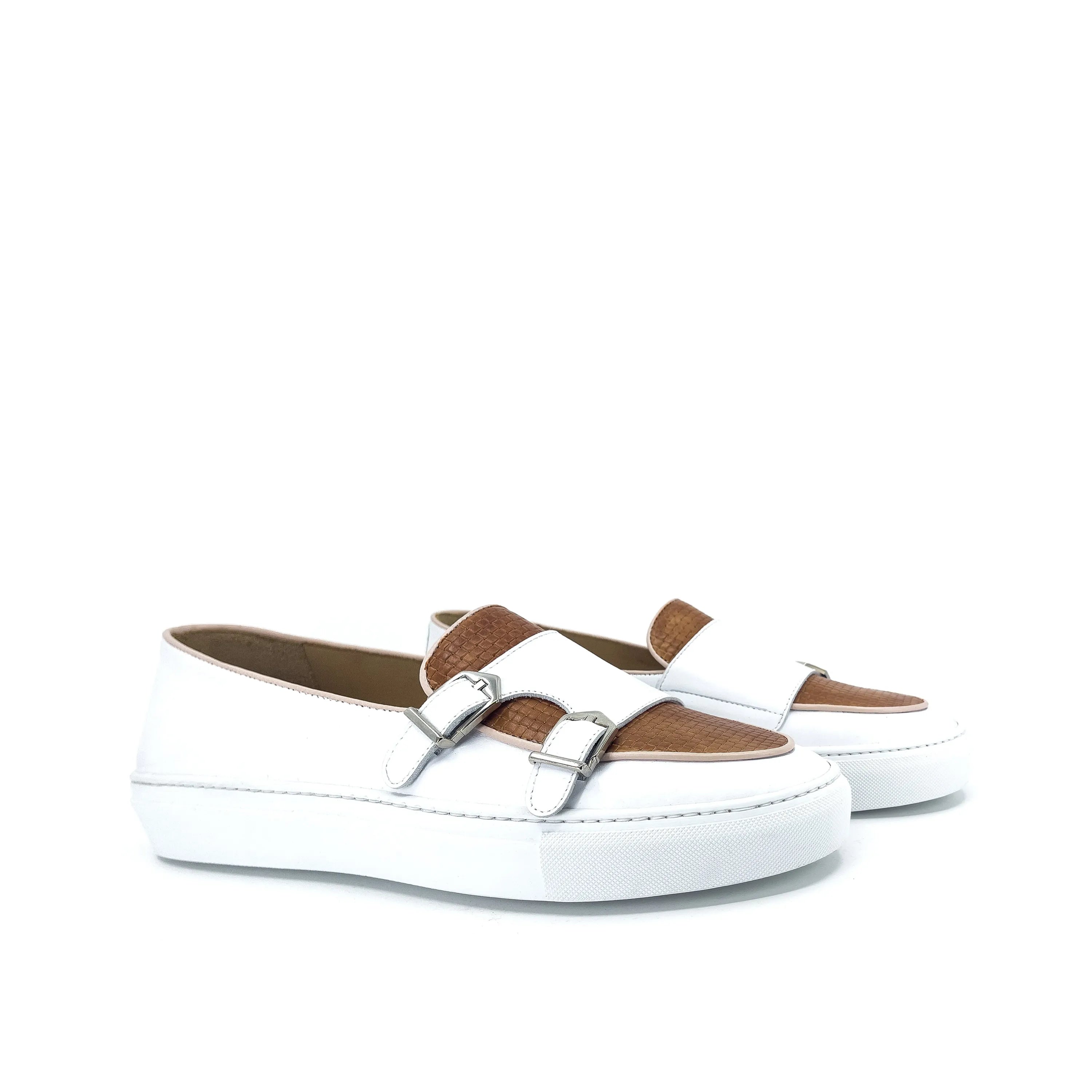 Kindi monk sneaker: white and brown double monk leather sneakers