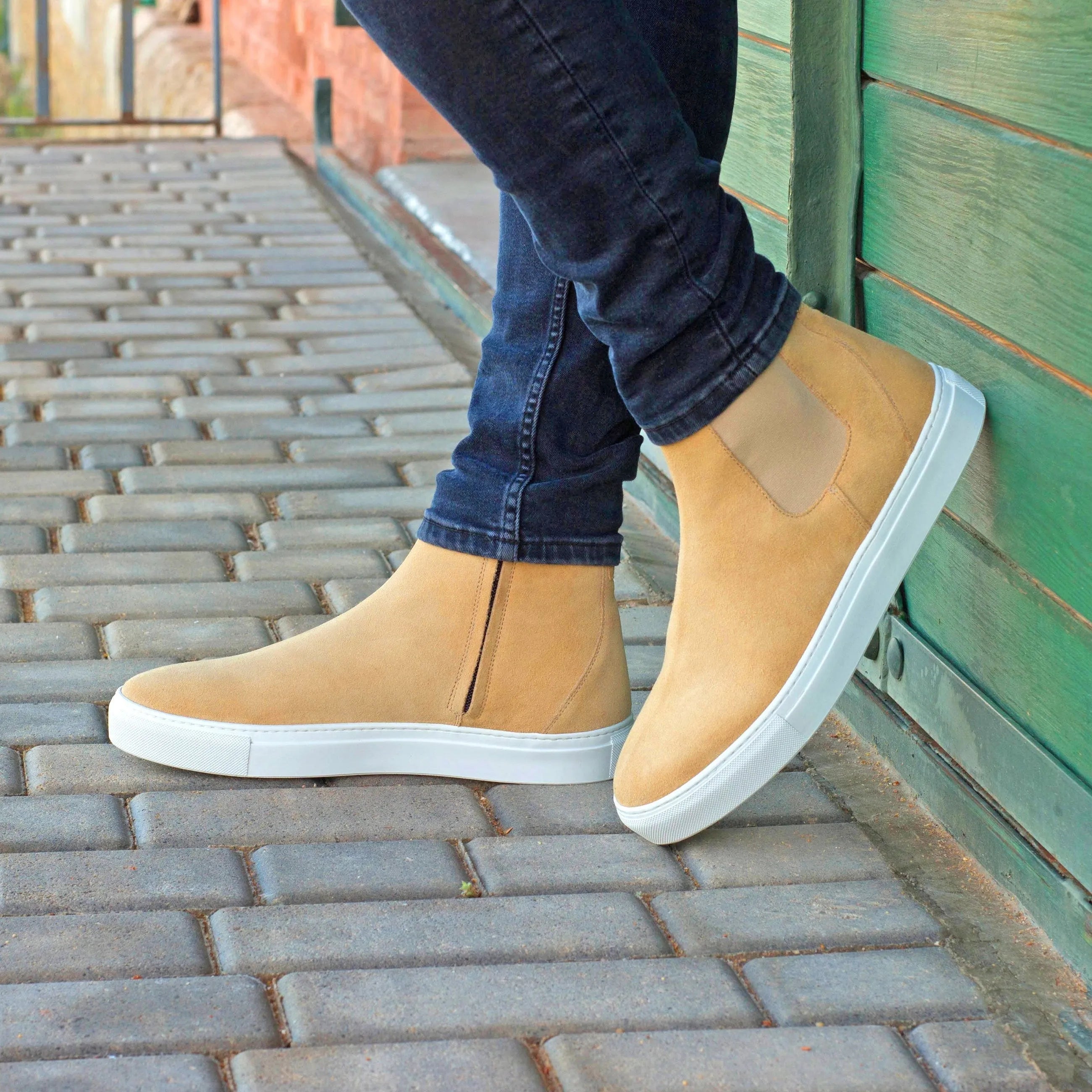 Tan KP43 Chelsea sneaker boots back view in suede