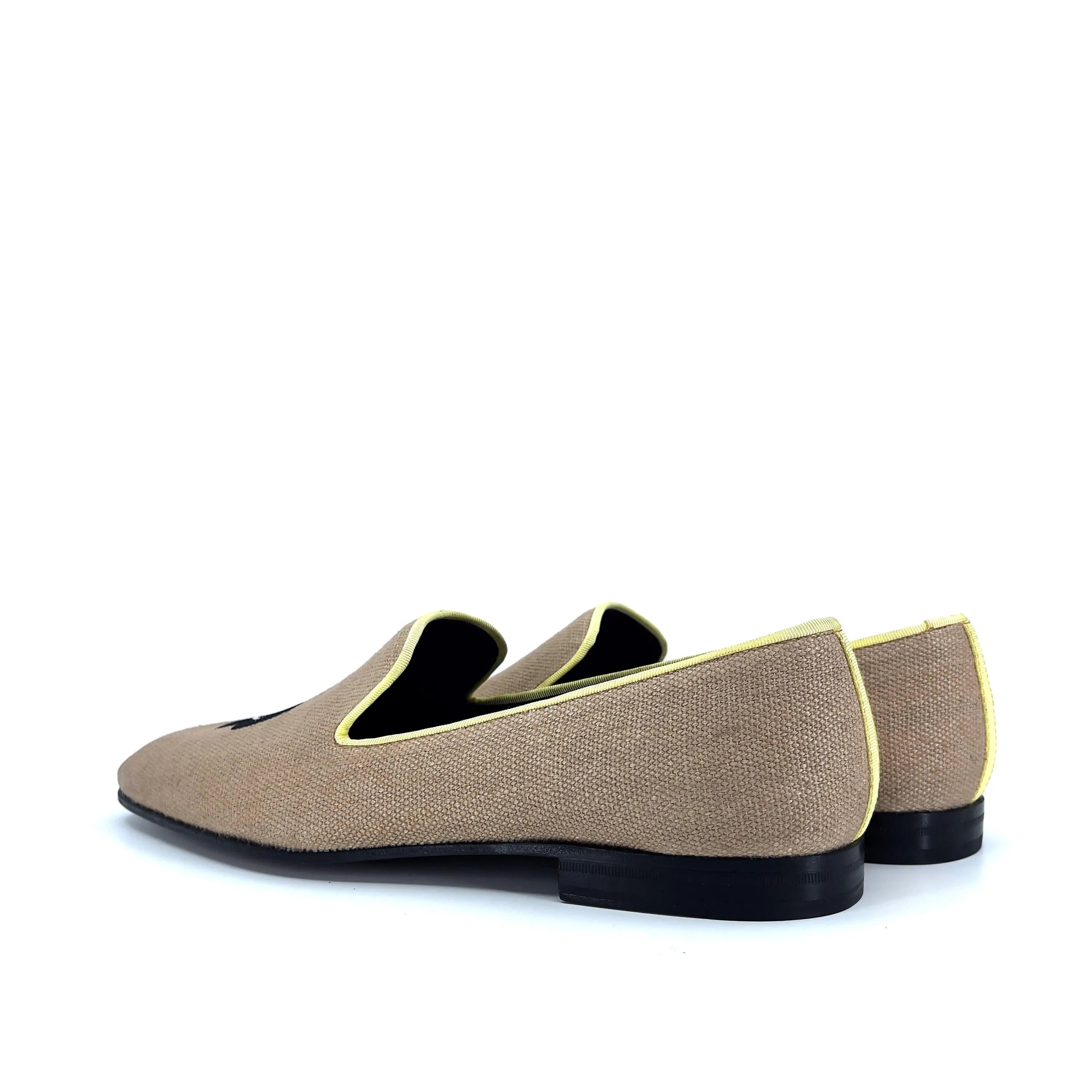Lane Drake Slipon II beige linen loafer with tan linen black embroidery