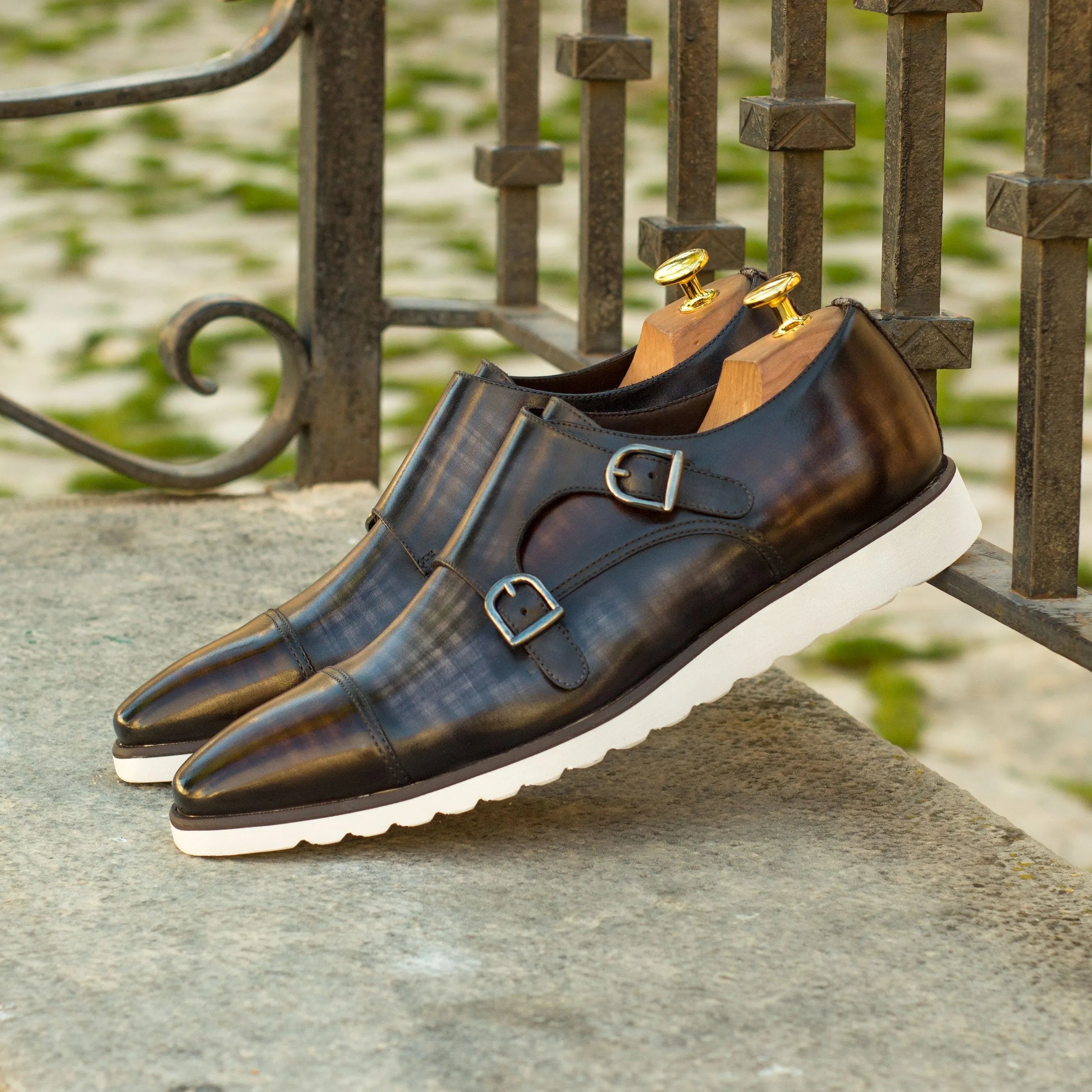 Latric double monk patina leather shoes back view
