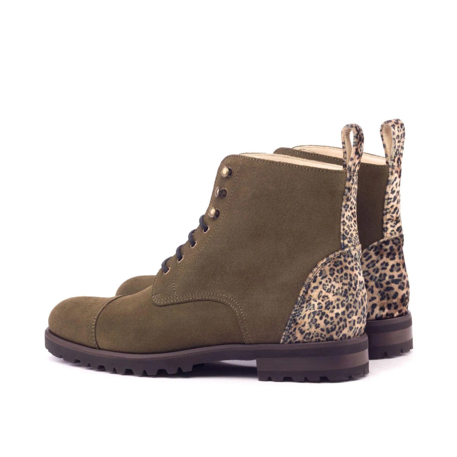 Layal ladies captoe boots II in olive green leather with leopard accents