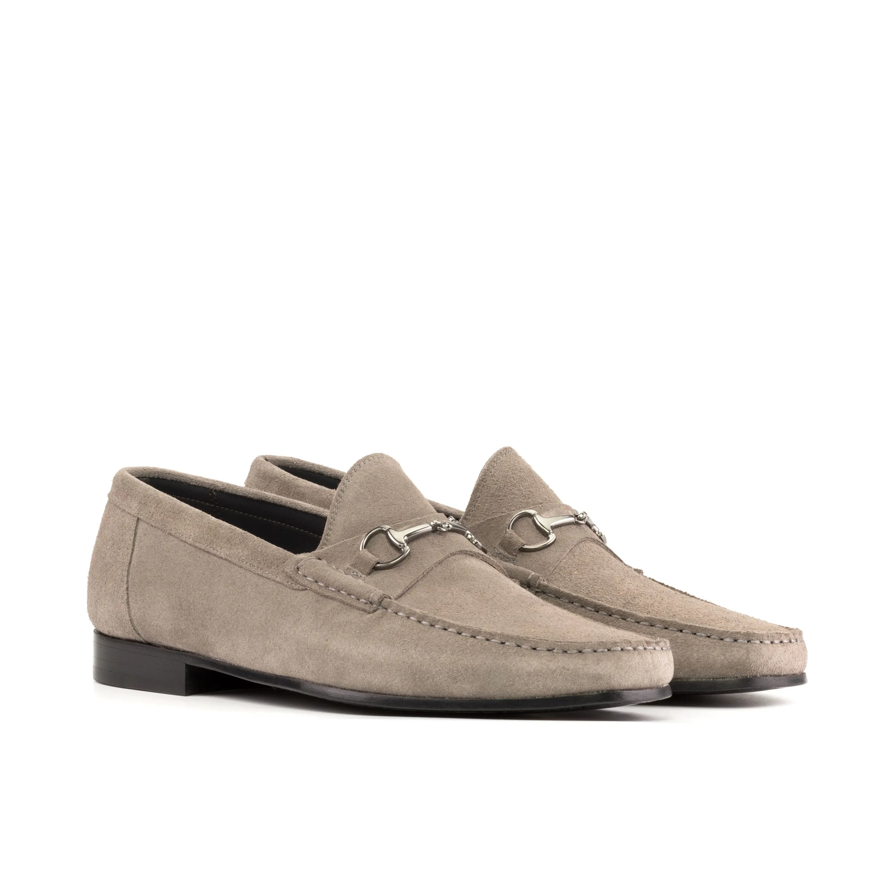 Gray suede Lecee Moccasin II horsebit loafers, luxury bespoke shoes for men