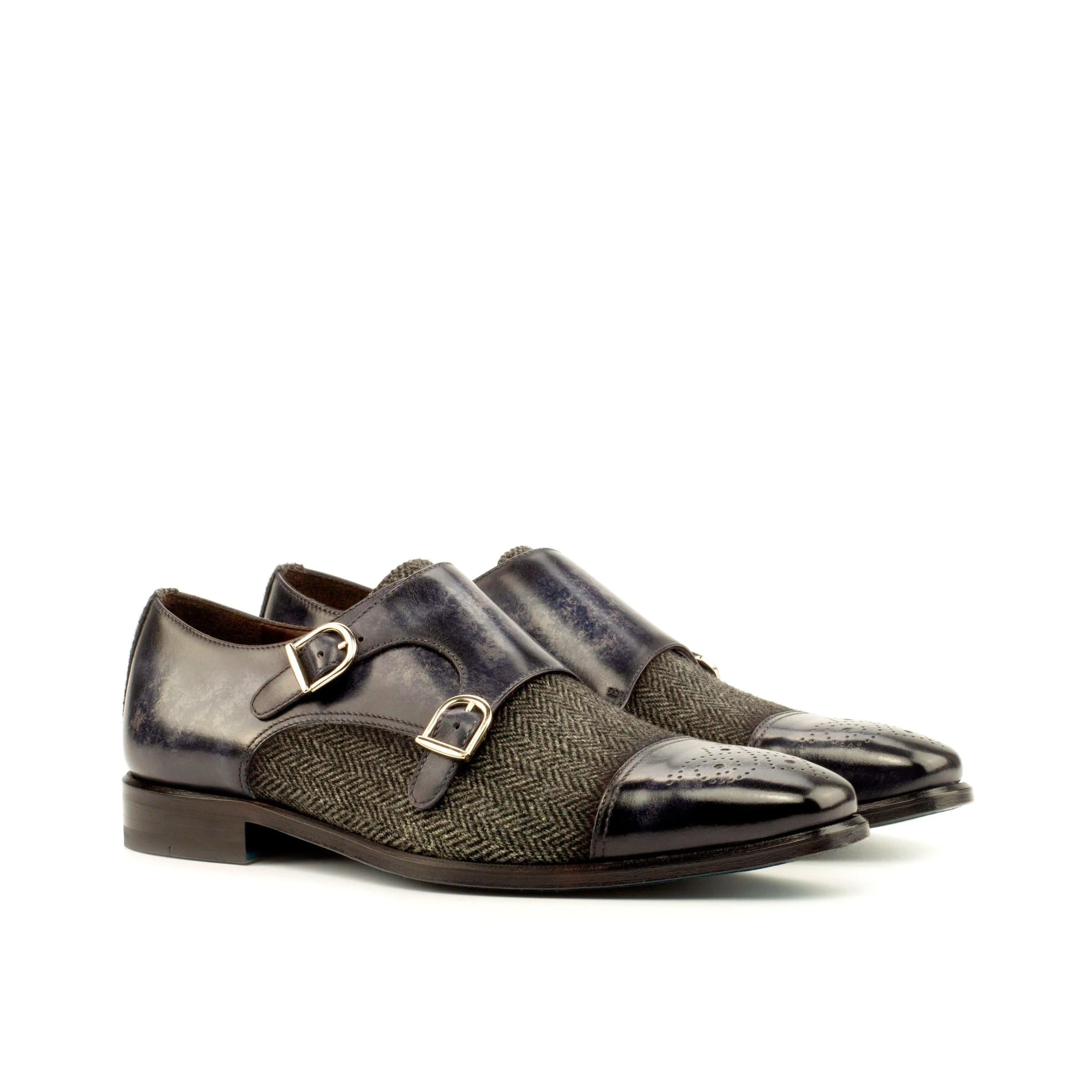 Leonist Double Monk Patina leather tweed monk strap shoes