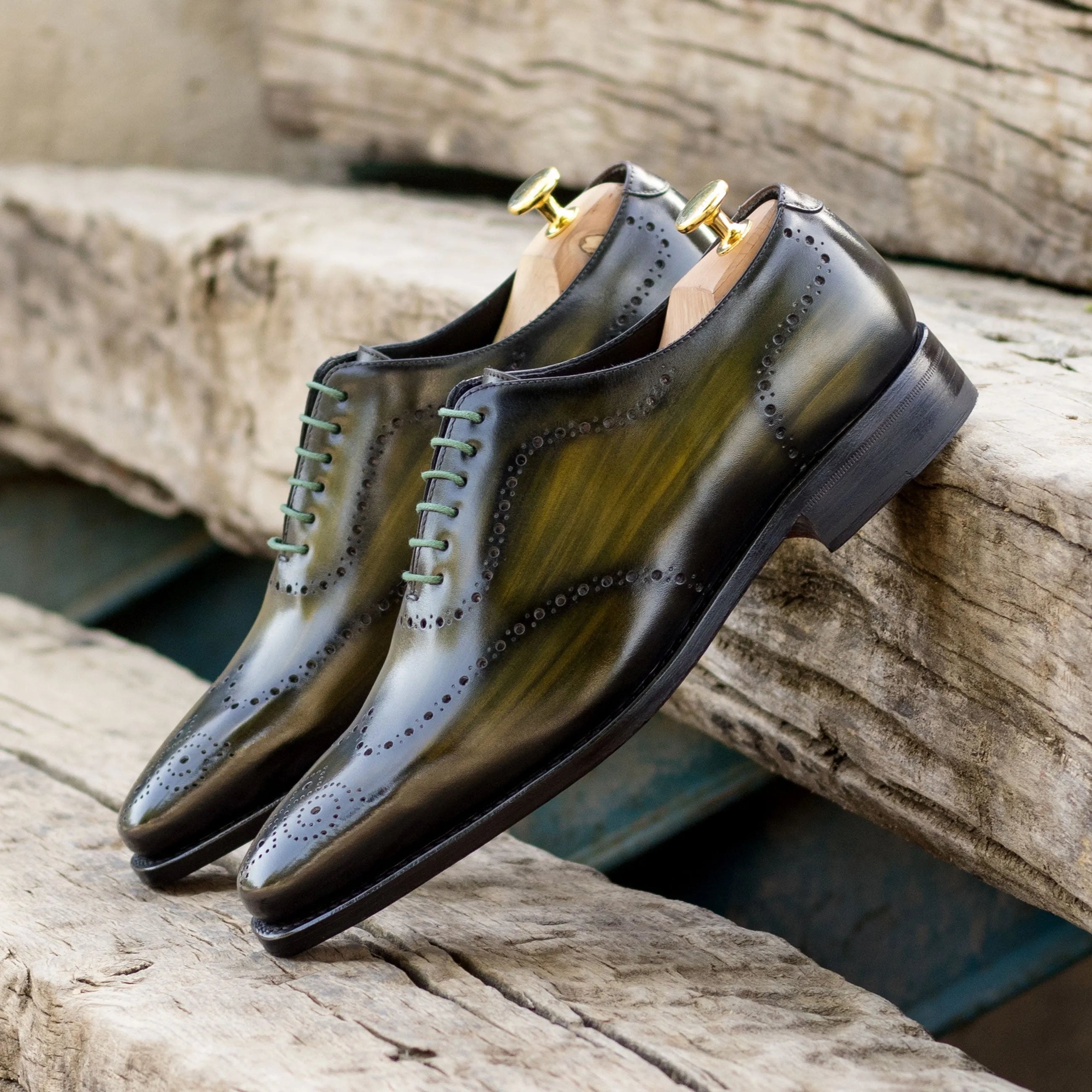 Lequa Wholecut Patina shiny green-tinted leather dress shoes