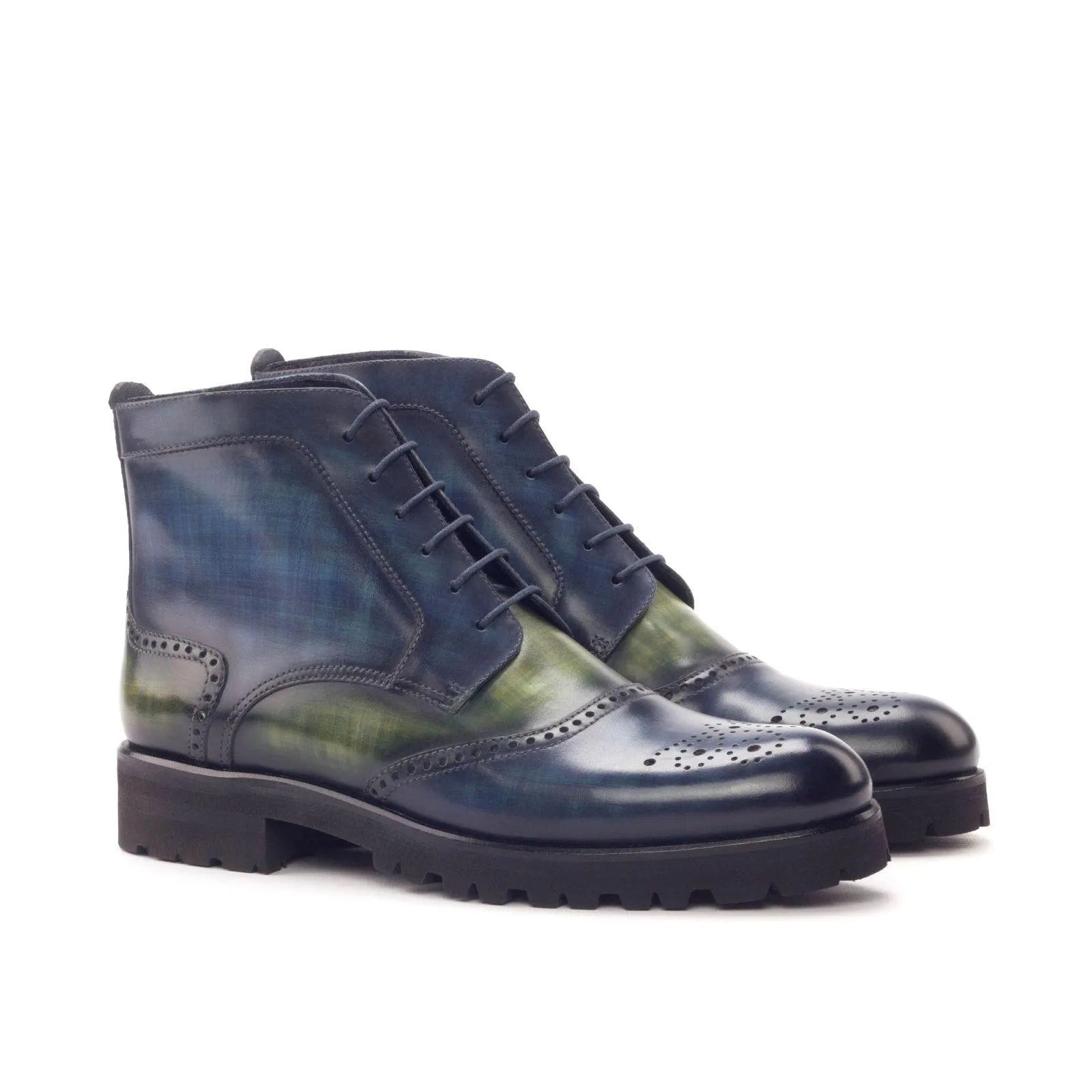 Lidia women’s military boots II in blue green crust patina leather wingtip style