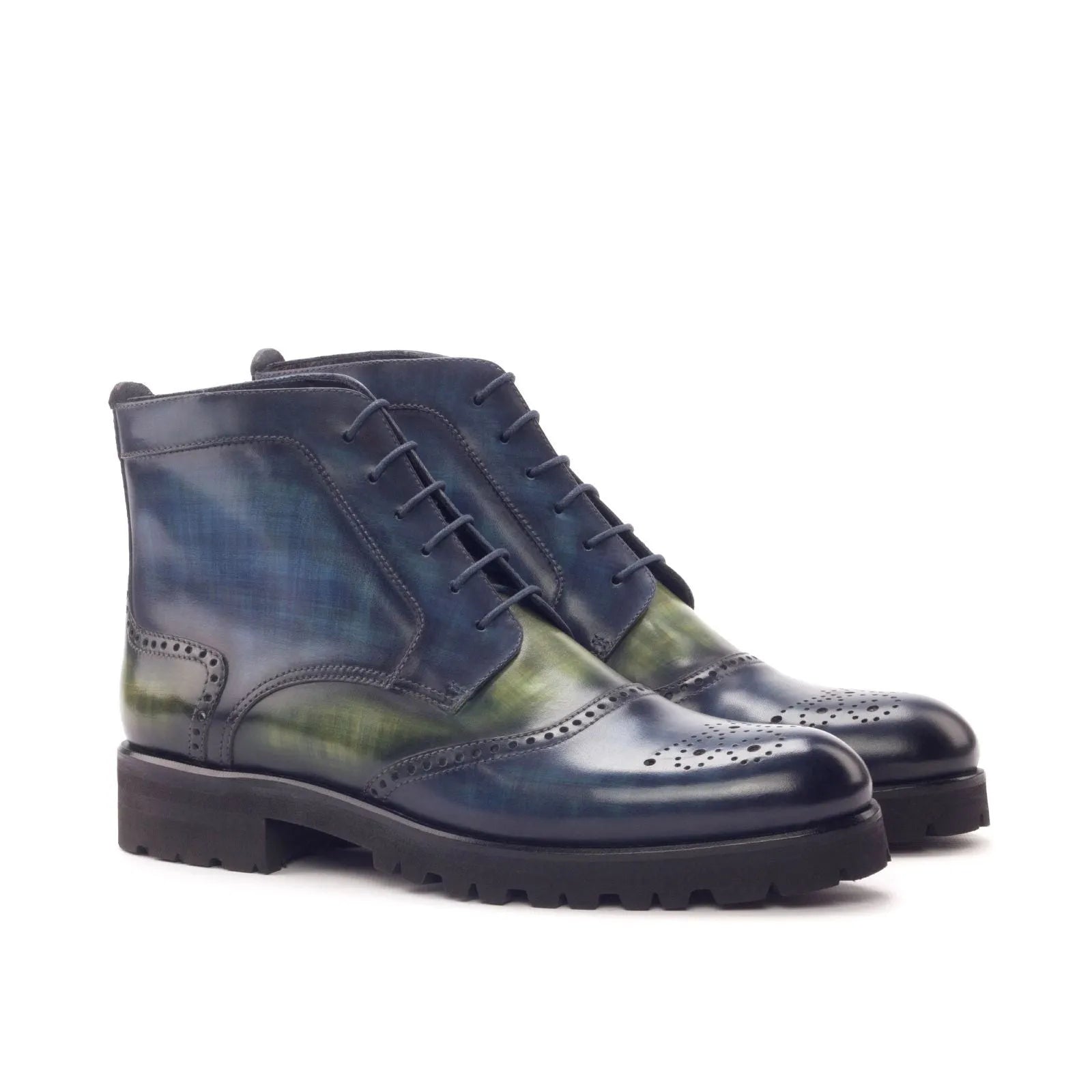 Lidia women’s military brogue boot in blue green leather with crust patina